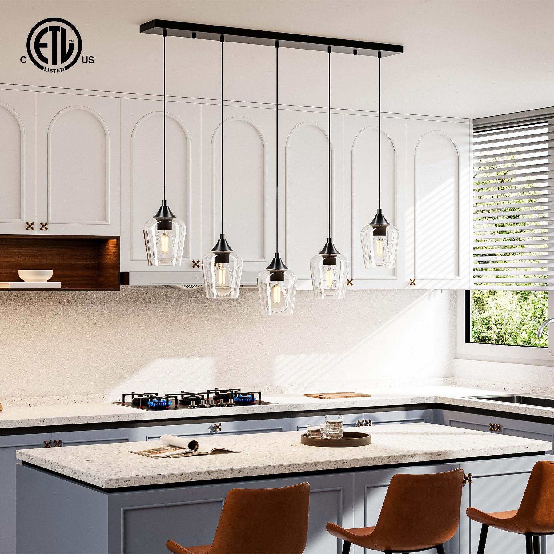 VONLUCE 5-Light Pendant Light Fixture, Modern Matte Black Metal with Wine Glass Shades, Adjustable Height 10"-55", ETL Certified