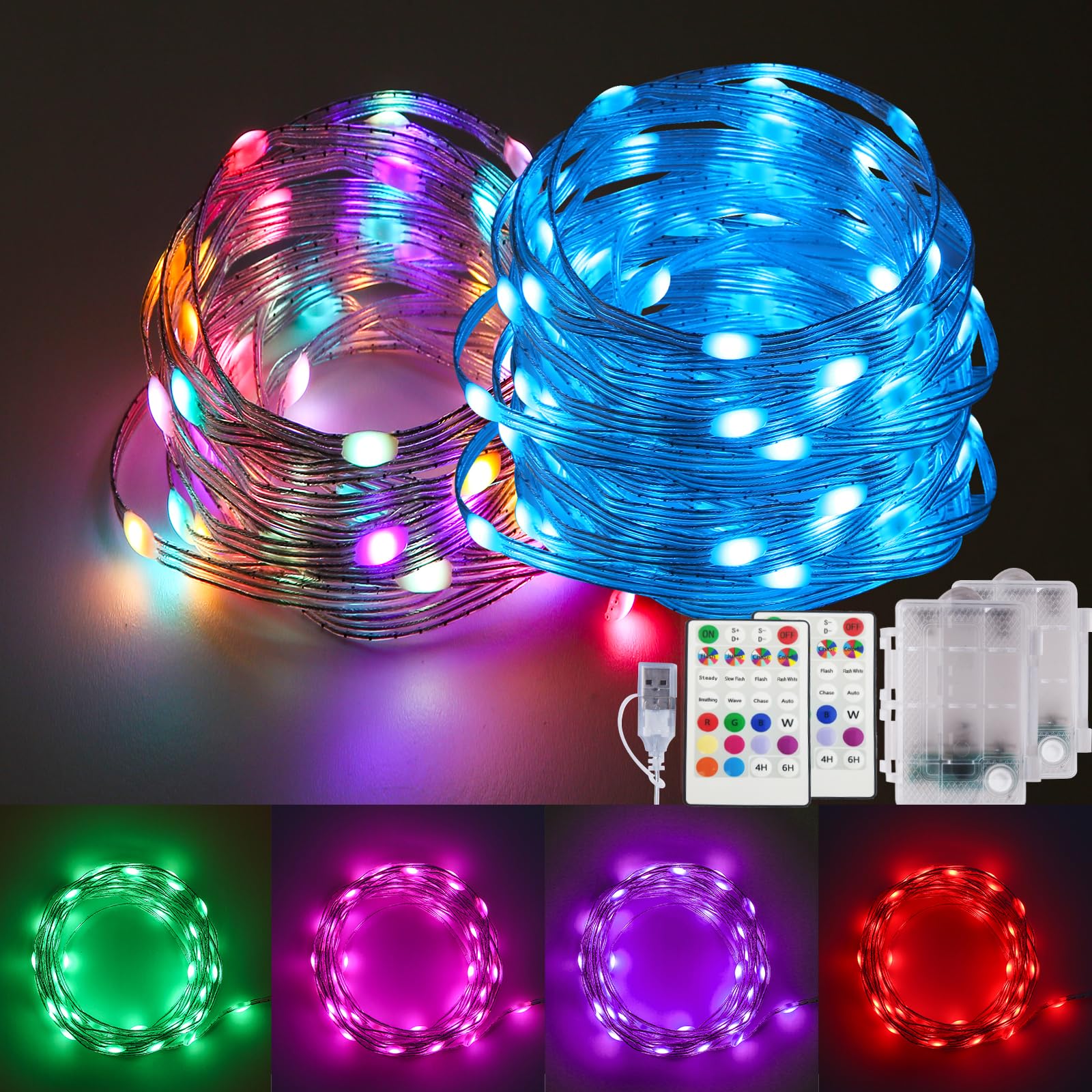 osteplus Color Changing LED String Lights with Remote, 16.4FT, 2 Pack, Multi-colored, USB/Battery Powered, Waterproof
