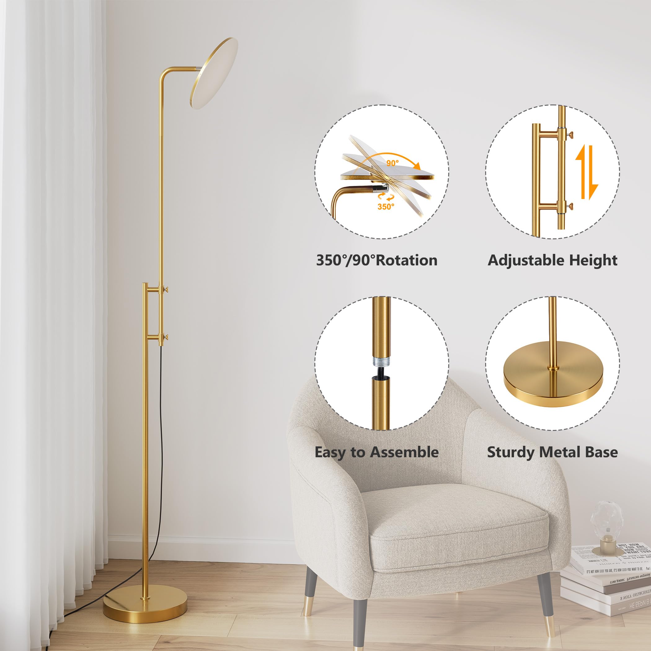 SUNMORY LED Floor Lamp - 32W/3000LM, Adjustable Gold Torchiere with Remote Control, Modern Design for Living Room & Bedroom, Model FLM-032-XS