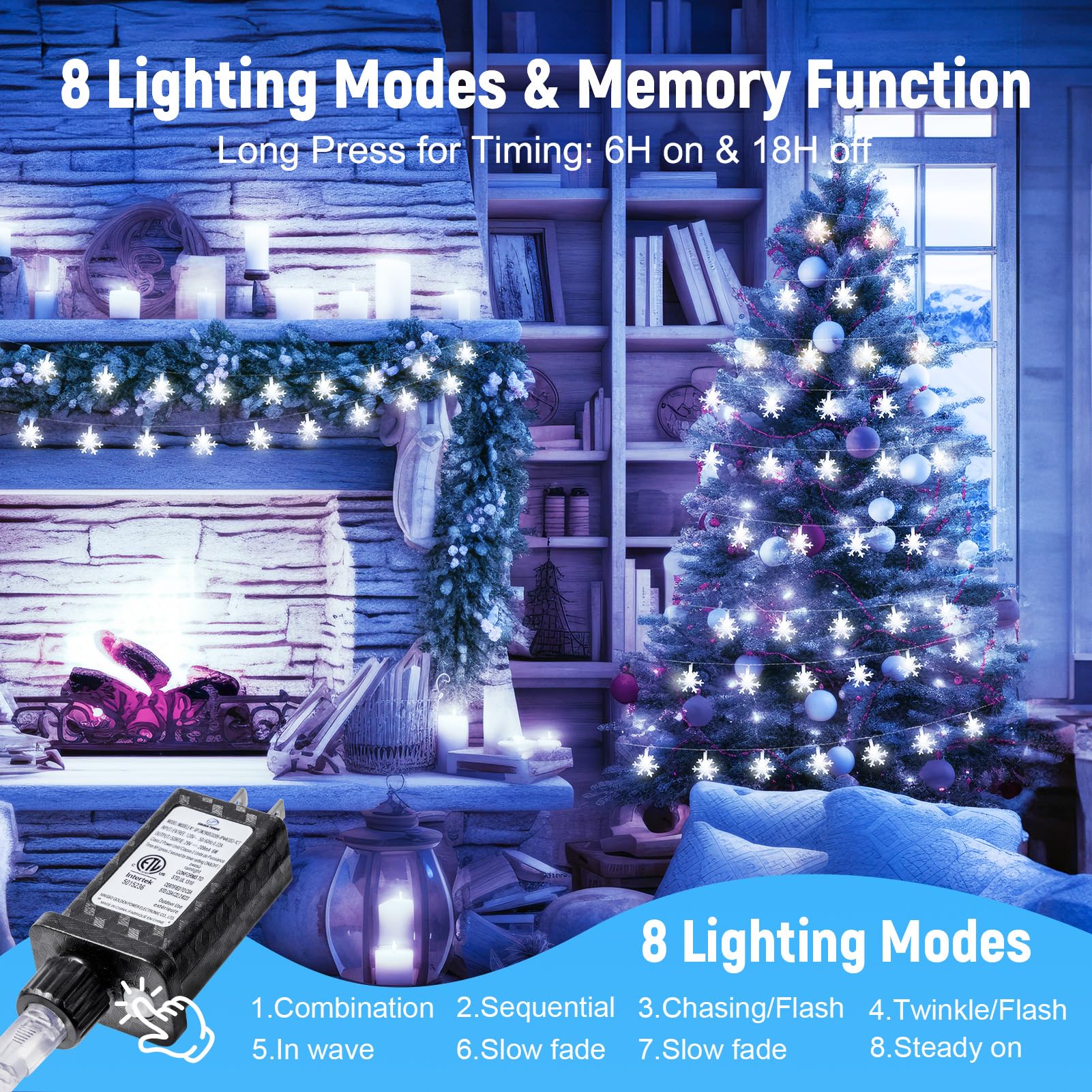 Brightown Christmas Snowflake String Lights, 100 LED, 43 FT, 8 Modes, Waterproof, Plug-in, White, Model DMO-S-100