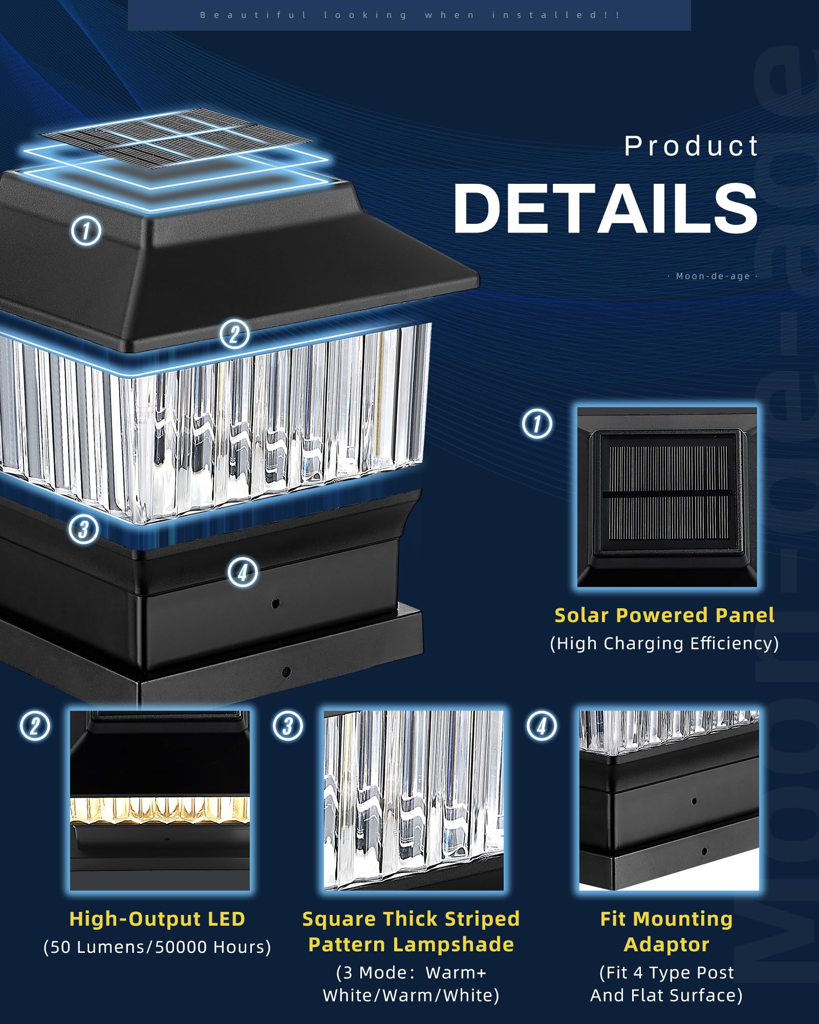 Moon-De-Age 50 Lumen Solar Post Lights, 3 Modes Outdoor Deck Fence Post Cap Lights - 4X4 3.5X3.5 4.5X4.5 Or 5.5X5.5, Led Landsca