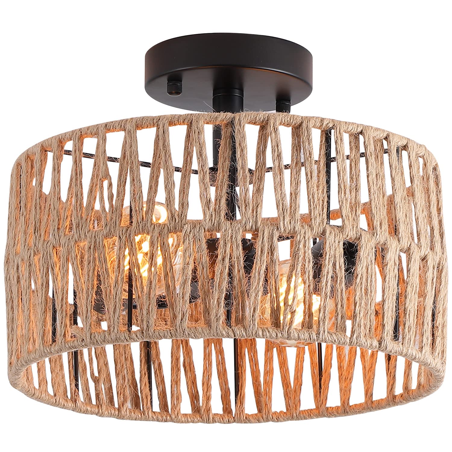 Hchunqjor 2-Light Coastal Woven Flush Mount Light Fixture Rustic Industrial Hemp Rope Semi Flush Mount Ceiling Light for Hallway