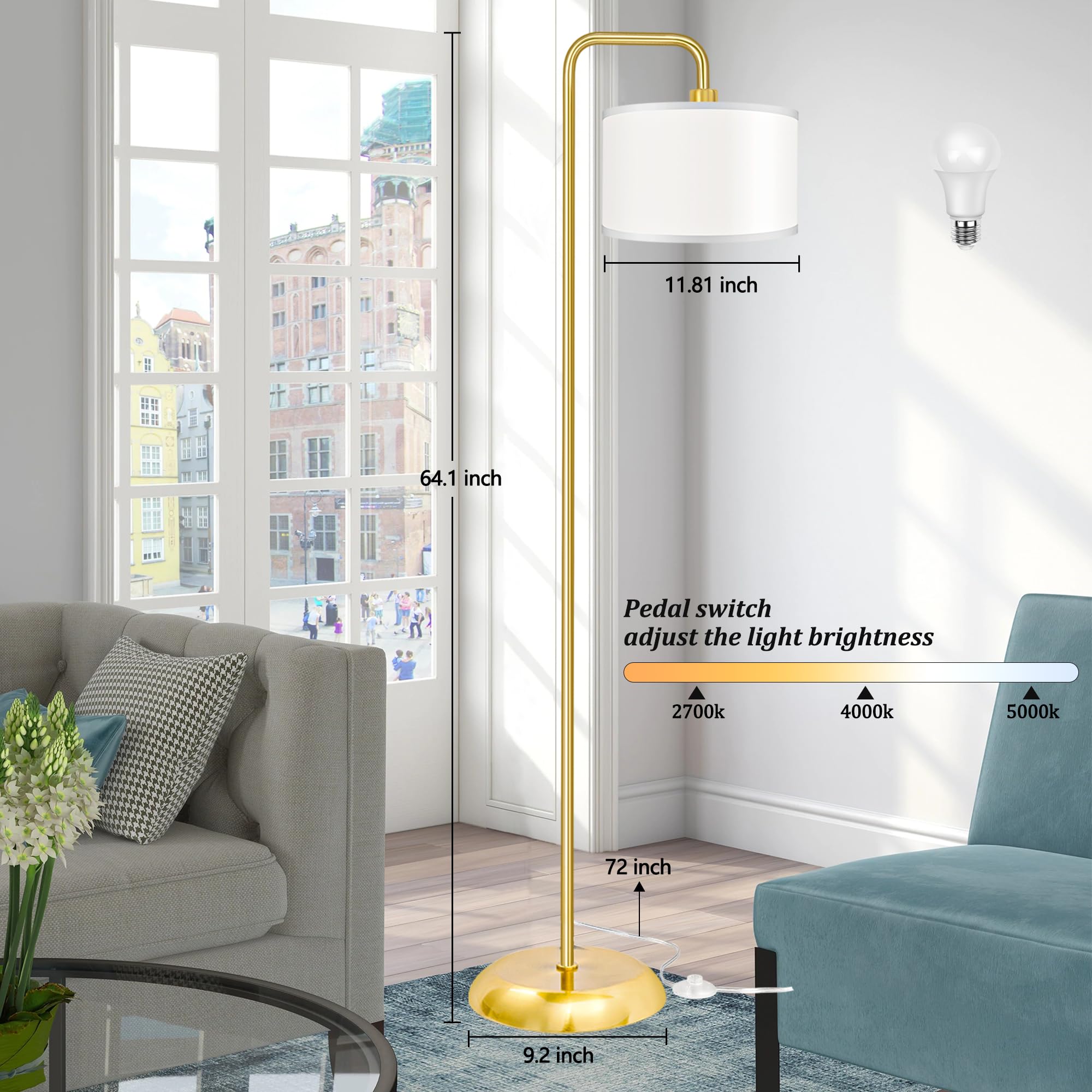 Partphoner Led Floor Lamp - Modern Gold Standing Lamp, 3 Color Temperatures, 9W Bulb Included, Model Str-Fl-0162