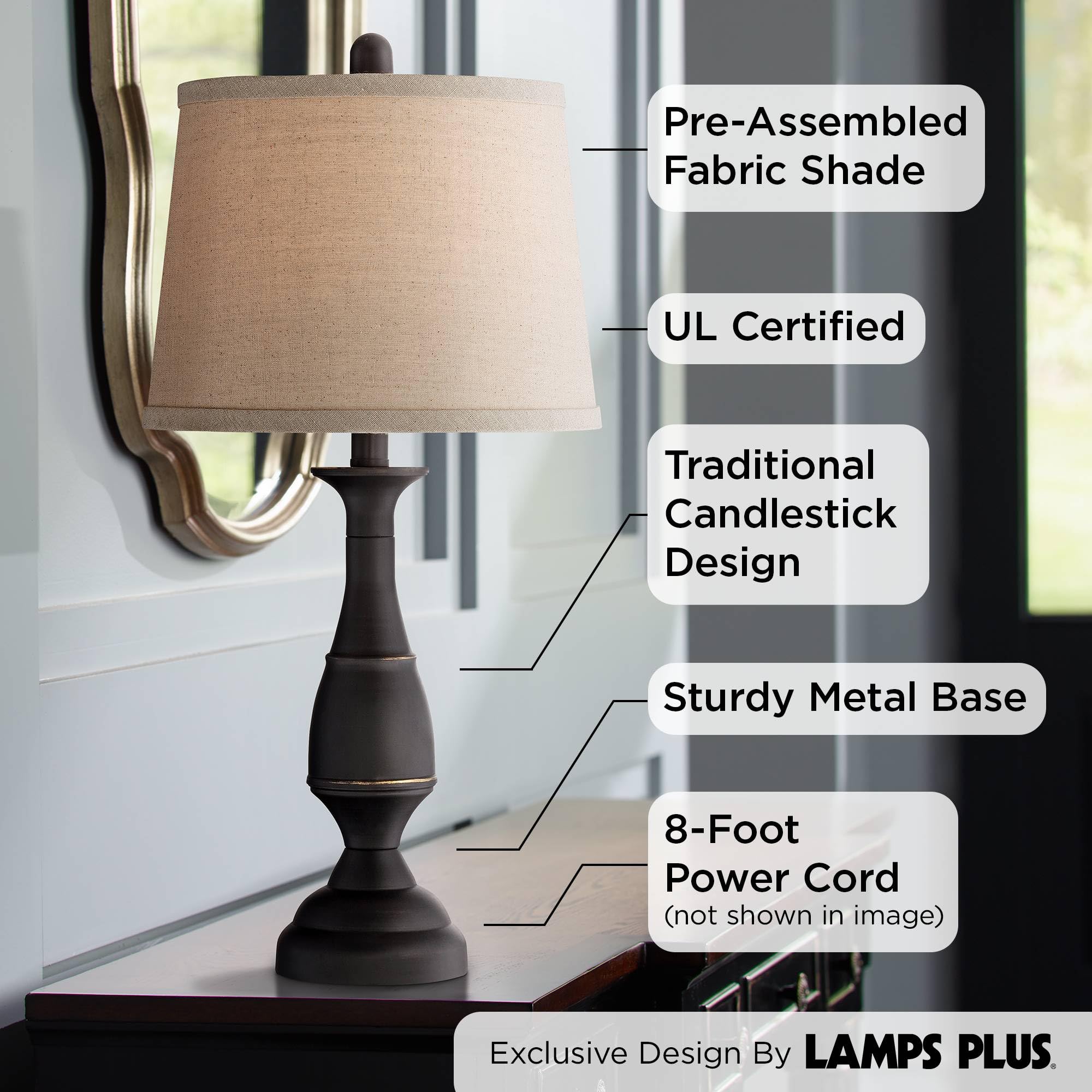 Regency Hill Table Lamps Set of 2, 25" High, Dark Bronze Metal with Beige Linen Drum Shade for Living Room, Bedroom, Home Office