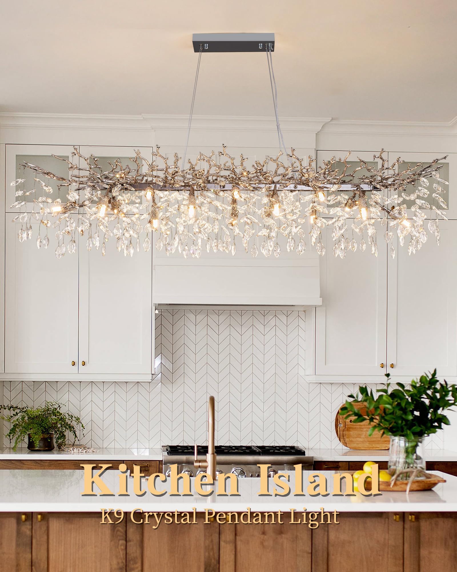 Modern Tree Branch Chandelier, 16 Lights Rectangular 59'' Crystal Silver Chandeliers Height Adjustable For Kitchen Island Dining