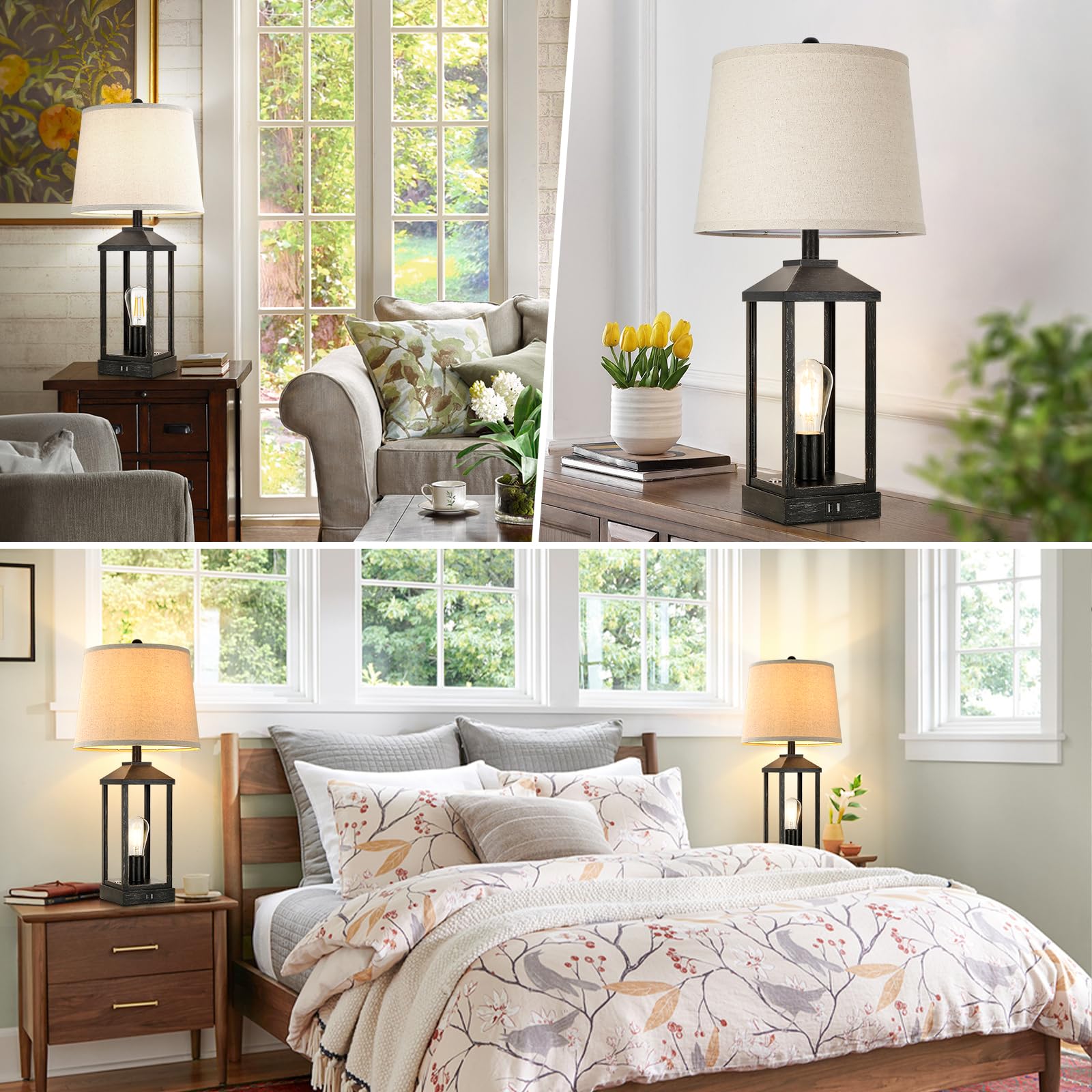 Brightever 28 Table Lamps Set Of 2, Black Metal Farmhouse Nightstand Lamps With Usb Ports, 3-Way Dimmable Touch Control, 4 Bulbs Included