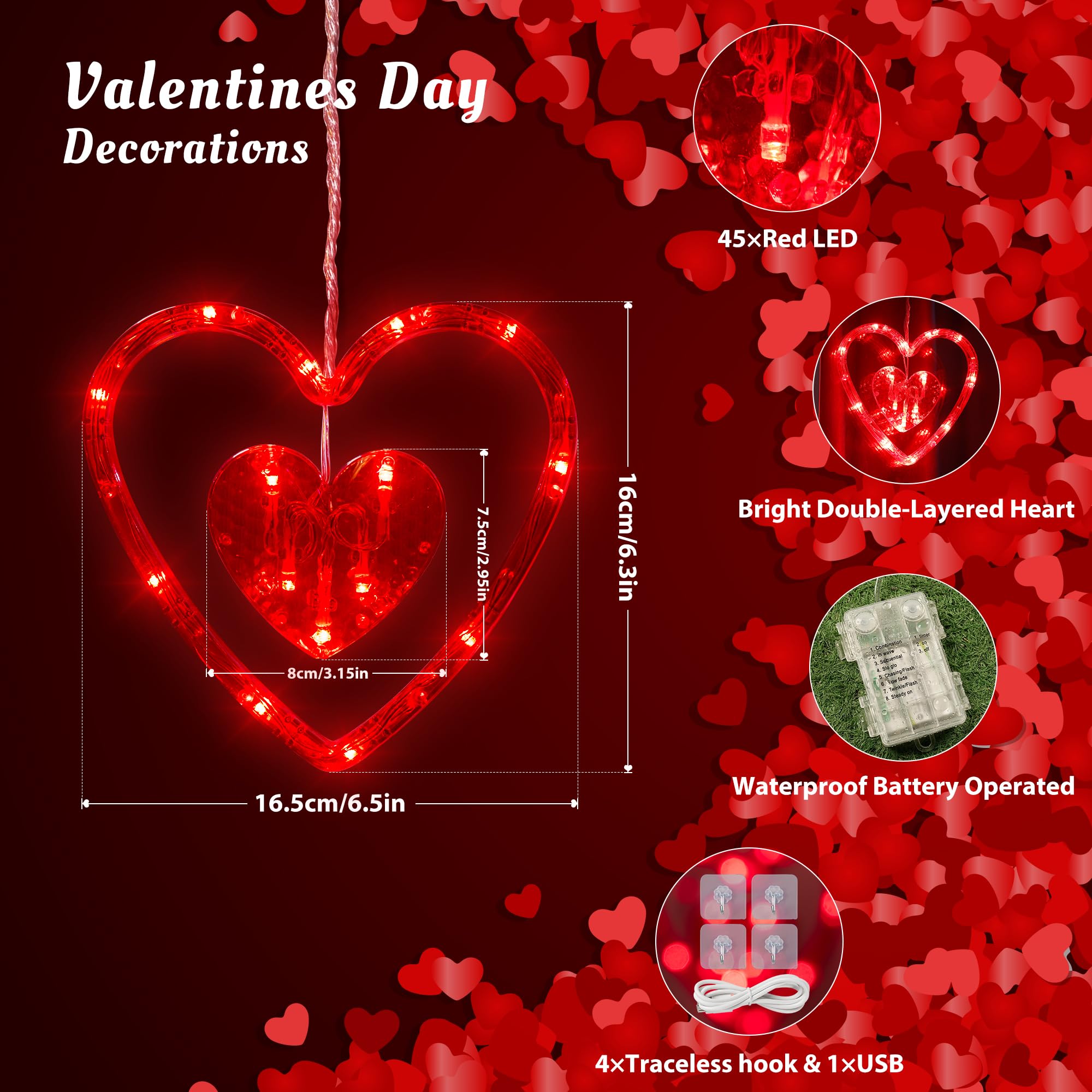 Hopolon Valentines Day Window Lights 2Ft 45Led Red Heart Valentines Day Decorations Lights Battery/Usb Operated Light Waterproof  8Modes&Timer For Indoor Outdoor Holiday Home Wall Door Decor(4Hooks)