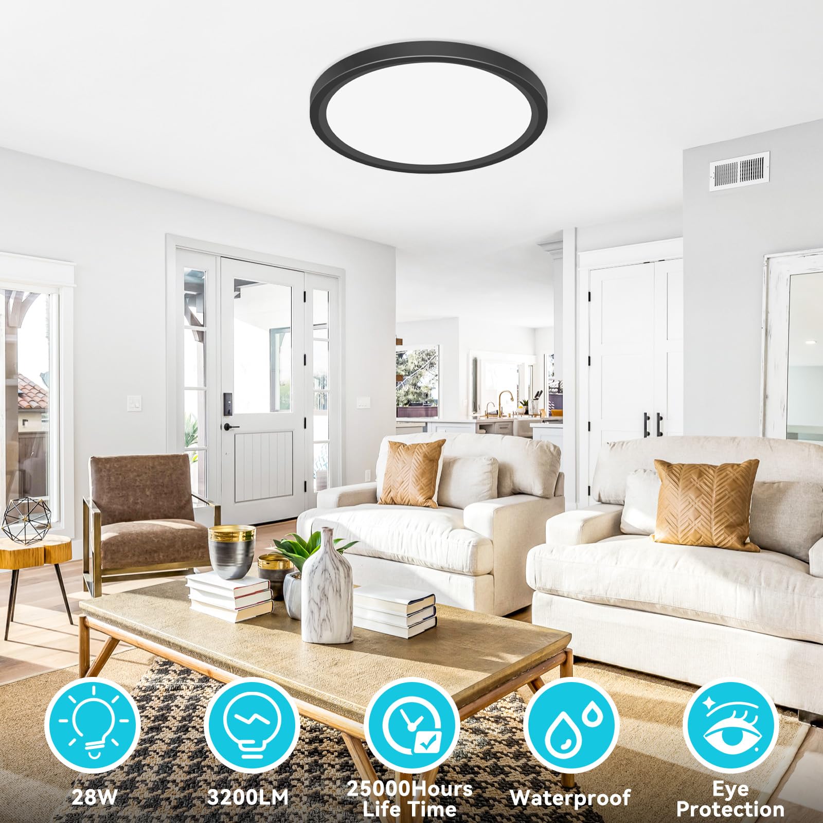 Libtit 12 Inch Flush Mount Led Ceiling Light Fixture  3000K 4000K 6500K Adjustable  28W 3200Lm Black Round Lighting Fixtures For Bathroom Shower Hallway Kitchen  2 Pack