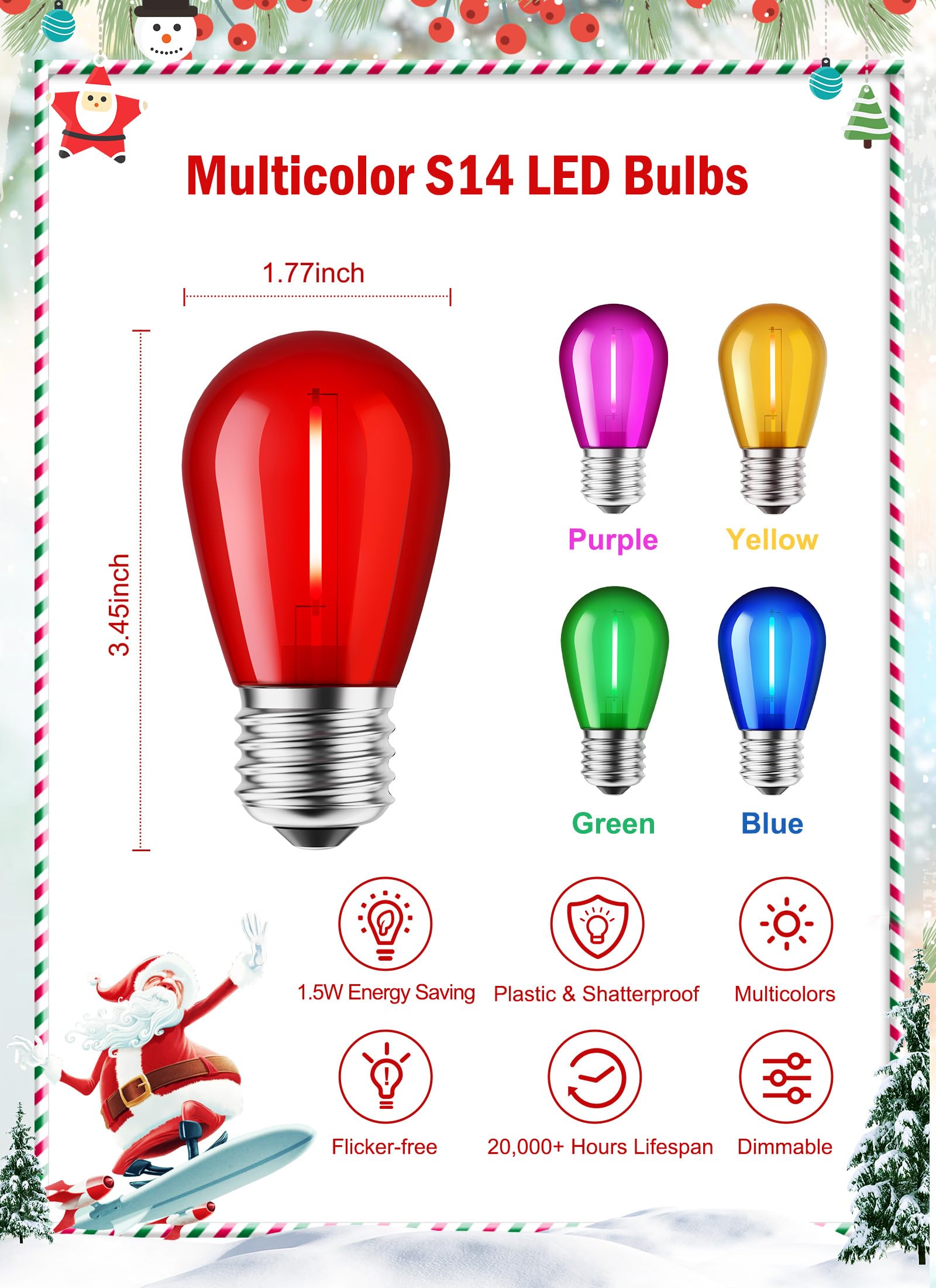 Minetom S14 LED Christmas Replacement Light Bulbs, 20 Pack, Multicolor, 1 Watt, E26 Medium Base, Shatterproof Plastic