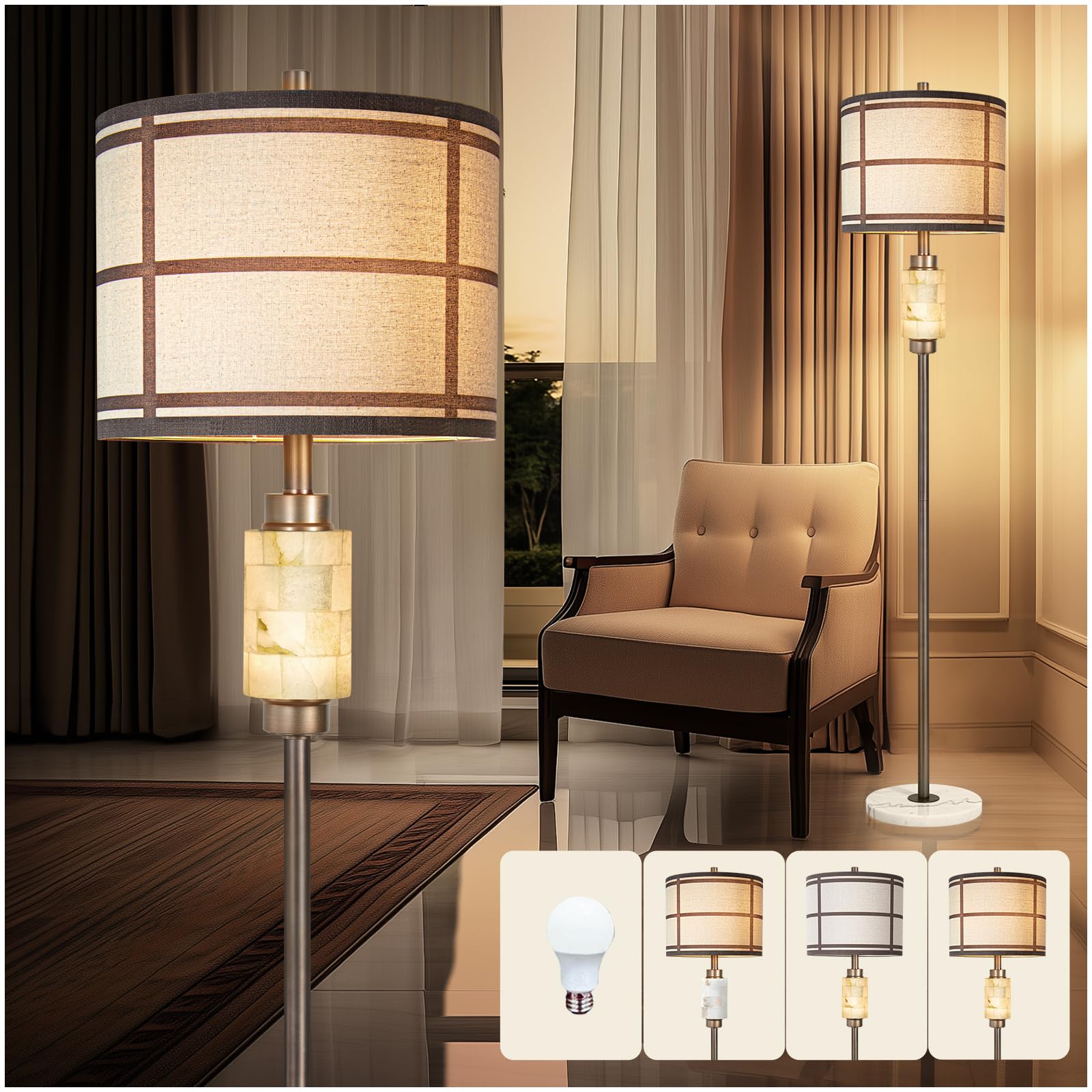 Natural Alabaster Modern Floor Lamp with Night Light,Rustic Floor Lamp for Living Room,Marble Base Tall Lamps with Linen Fabric 