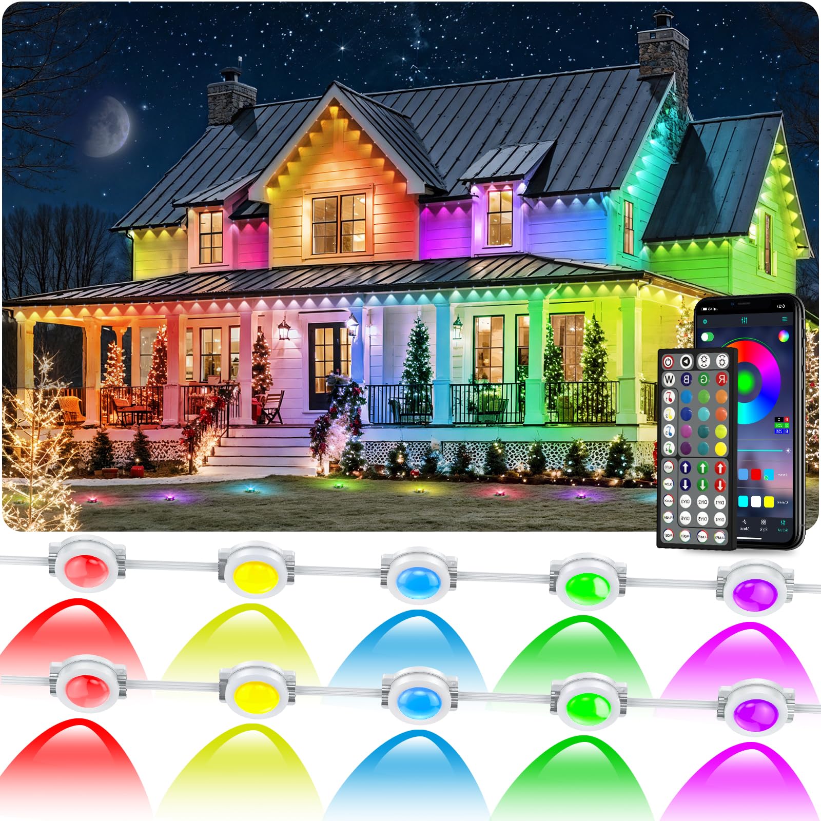 Ceteluma 500Ft Permanent Outdoor Rgb Lights  Ip67 Waterproof Smart Eave Lighting  With App/Remote Control Eaves Light  Diy Led Scenes Modes For House Roof Decor Christmas Party