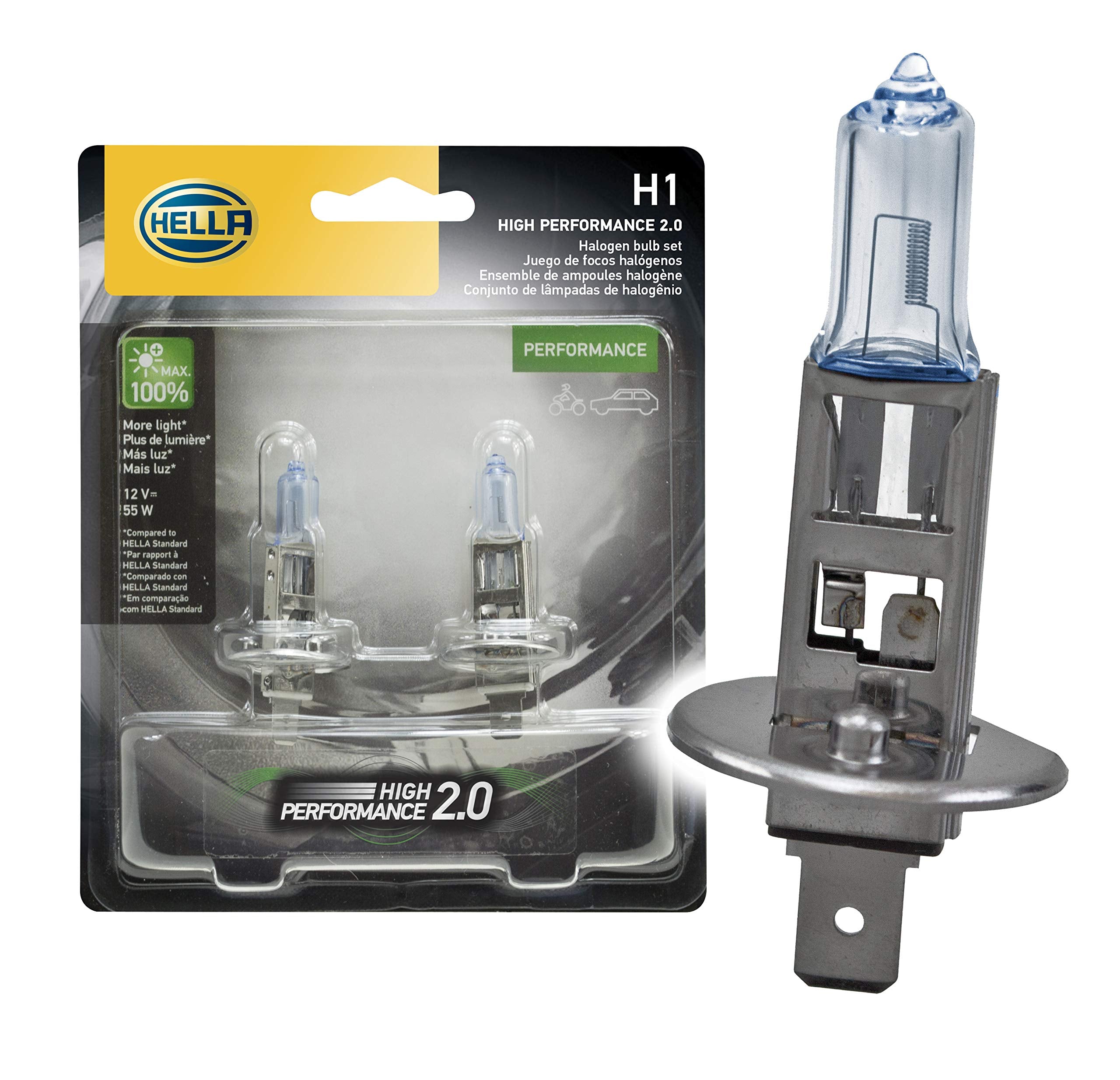 HELLA H1 2.0TB High Performance Bulb, 12V, 55W, 2 Pack, Multi Color, HP2.0
