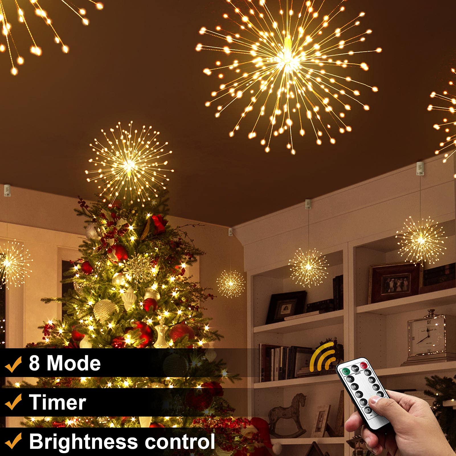 DenicMic Firework Lights 200 LED Copper Wire Starburst Light, 8 Modes Battery Operated Fairy Star Sphere Lights with Remote, War