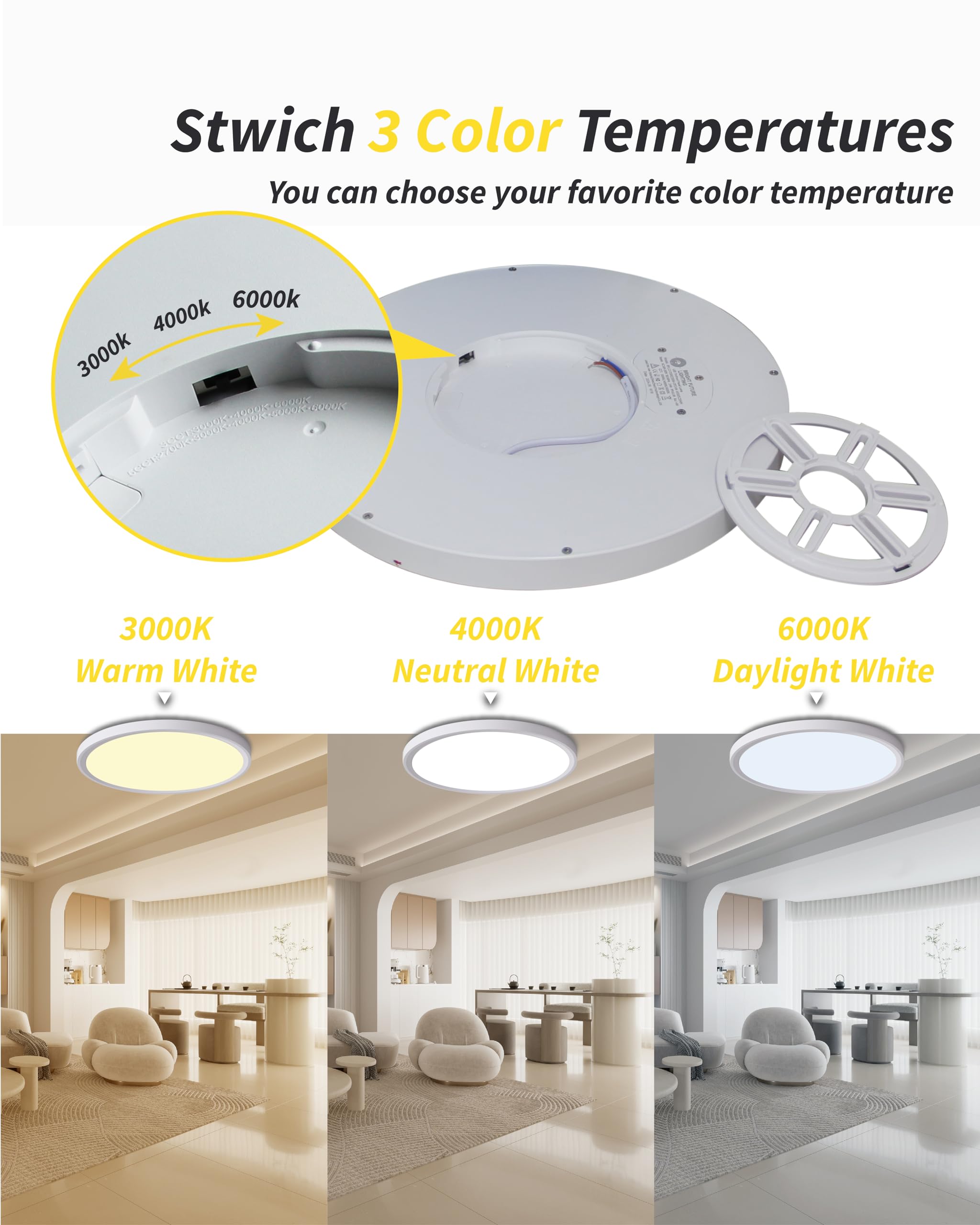 6Pack 12 Inch Flush Mount Ceiling Light, 24W Led Ceiling Light, 3000K/4000K/6000K Selectable 2520Lm Ceiling Lights, Super Slim L