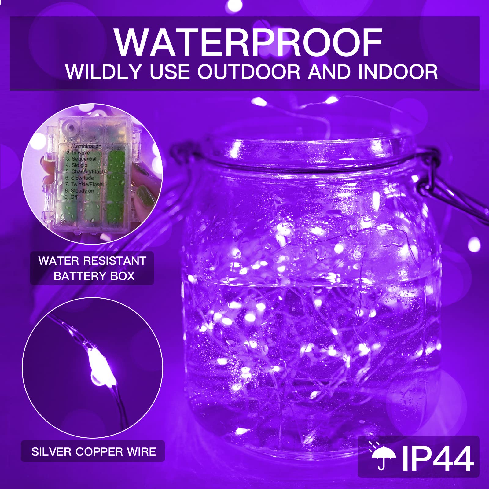 Suddus Christmas Fairy Lights Outdoor Waterproof, 66Ft 200 Led Twinkle Lights Battery Operated, Purple Fairy Lights For Bedroom, Backyard, Porch, Home, Window, Yard, Garland, Party Decorations