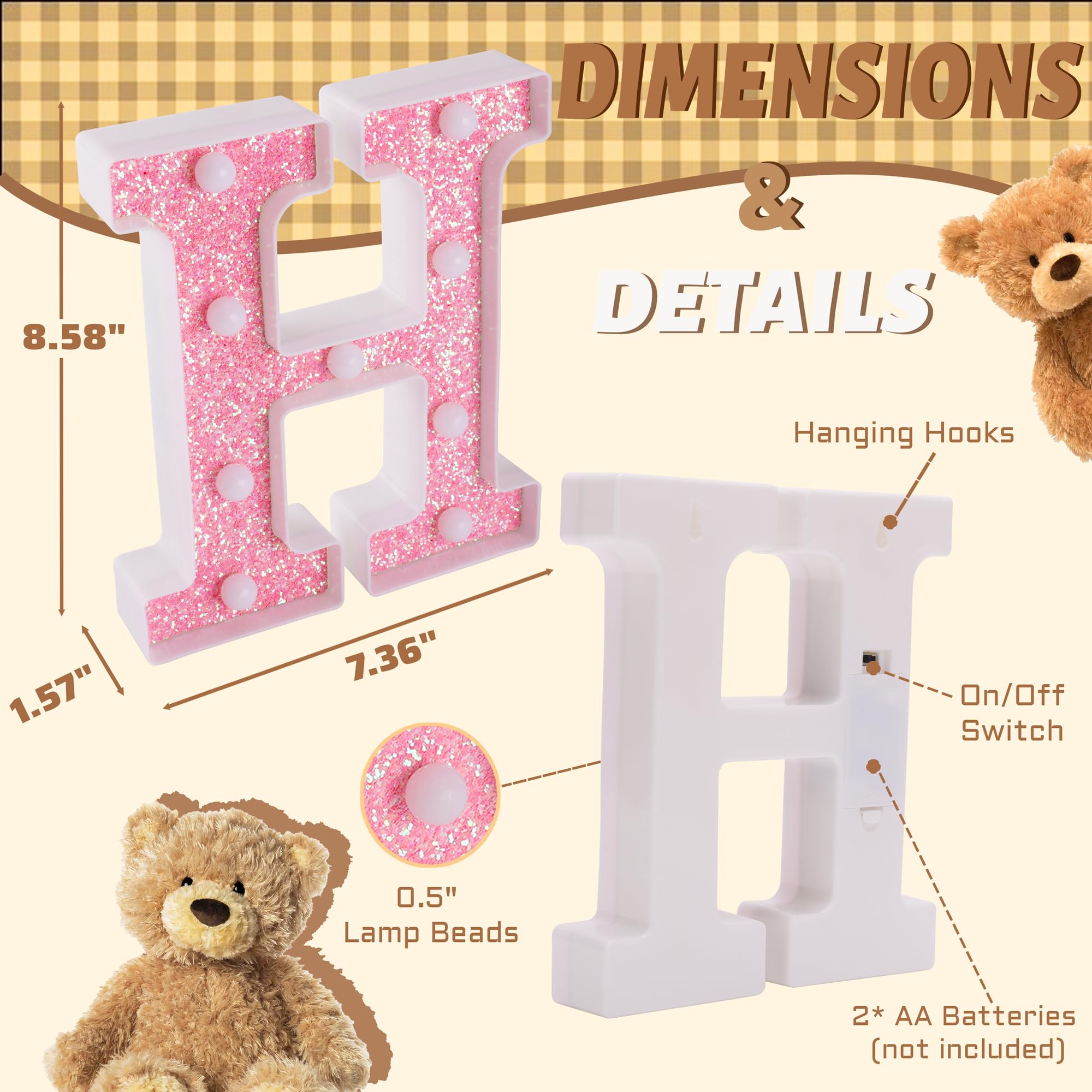TRONSBOO LED Marquee Letter H - Pink Glitter, Battery Powered, 7.36in x 8.58in x 1.57in, Plastic Sign for Home Party Decoration
