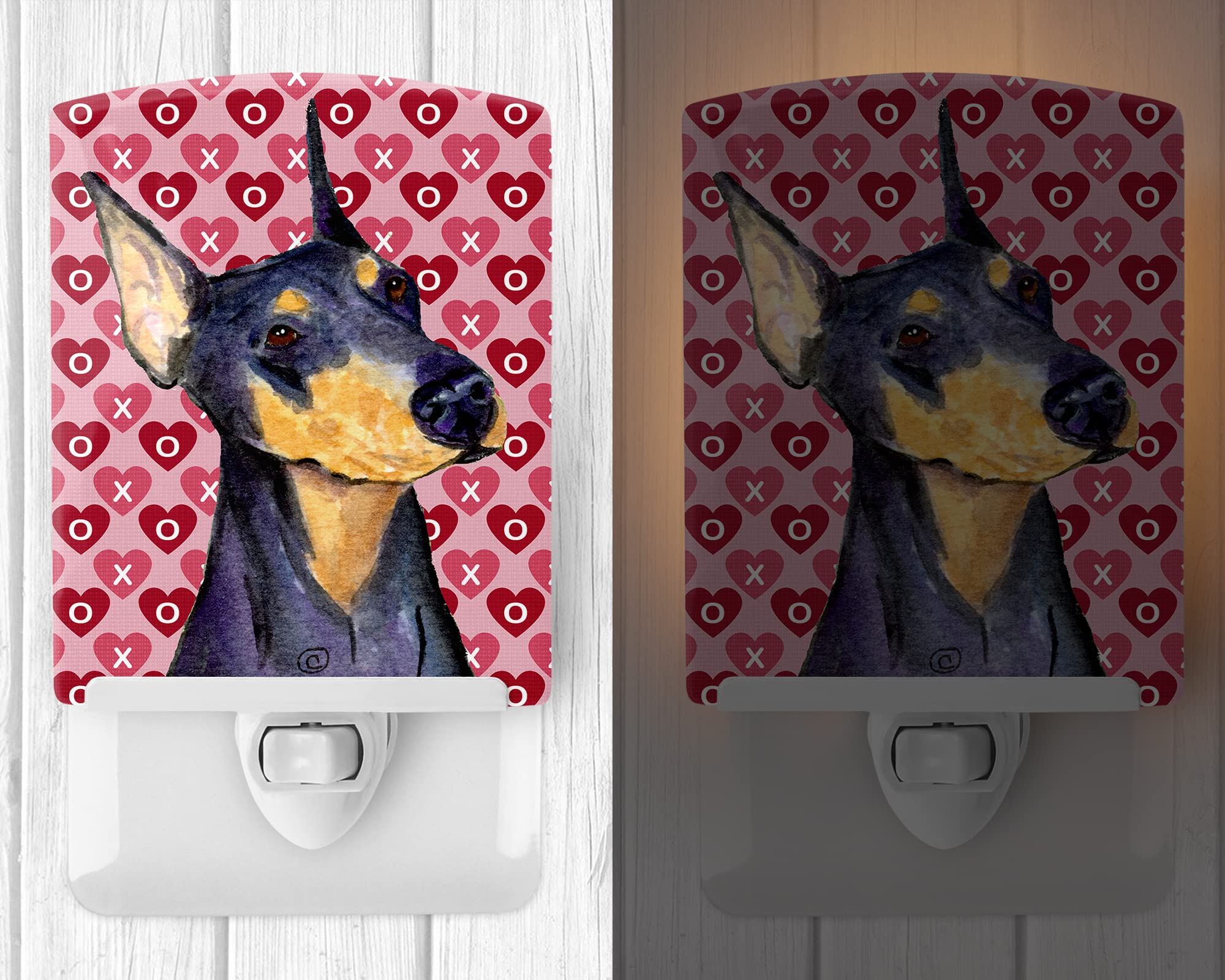 Caroline'S Treasures Ss4495Cnl Doberman Hearts Love And Valentine'S Day Portrait Ceramic Night Light Compact, Ul-Certified, Ideal For Bedroom, Bathroom, Nursery, Hallway, Kitchen, 6X4X3, Multicolor