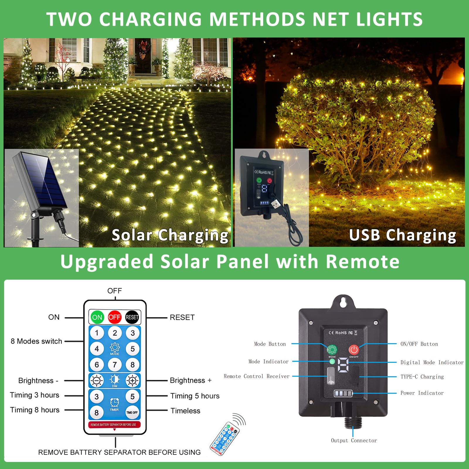 FunNite Solar Net Lights 240 LED Waterproof Mesh 11.5ft x 5ft Remote Control Warm White