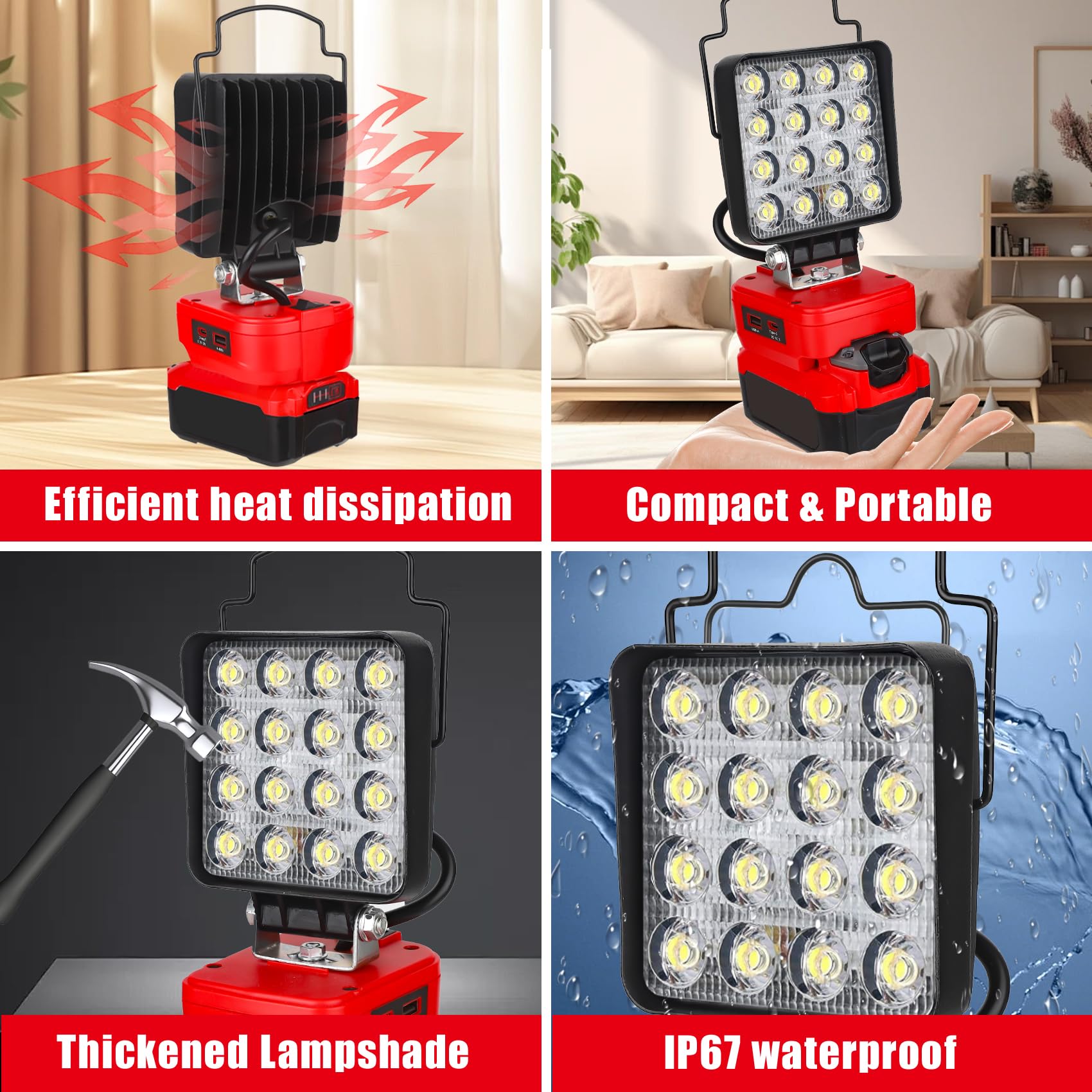 Fiihio Portable Led Work Light Compatible With Craftsman V20 Battery  48W 4200Lm Cordless Flood Light With Usb & Type-C Ports  Low Voltage Protection  For Job Site Lighting  Camping (No Battery)