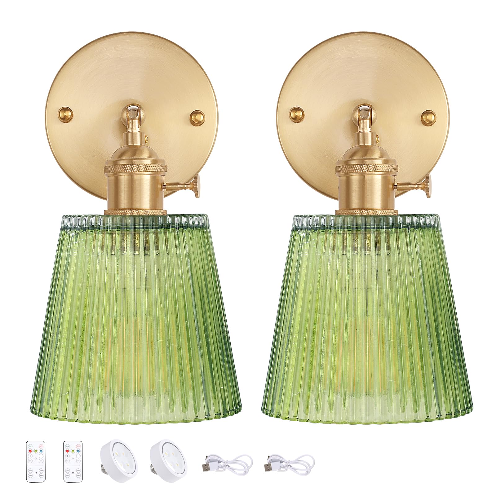 Shenmoyl Vintage Wall Sconce, 2 Light Battery Operated, Green Stripe Glass Lampshade, Rechargeable with Remote Control, Model 1-9331