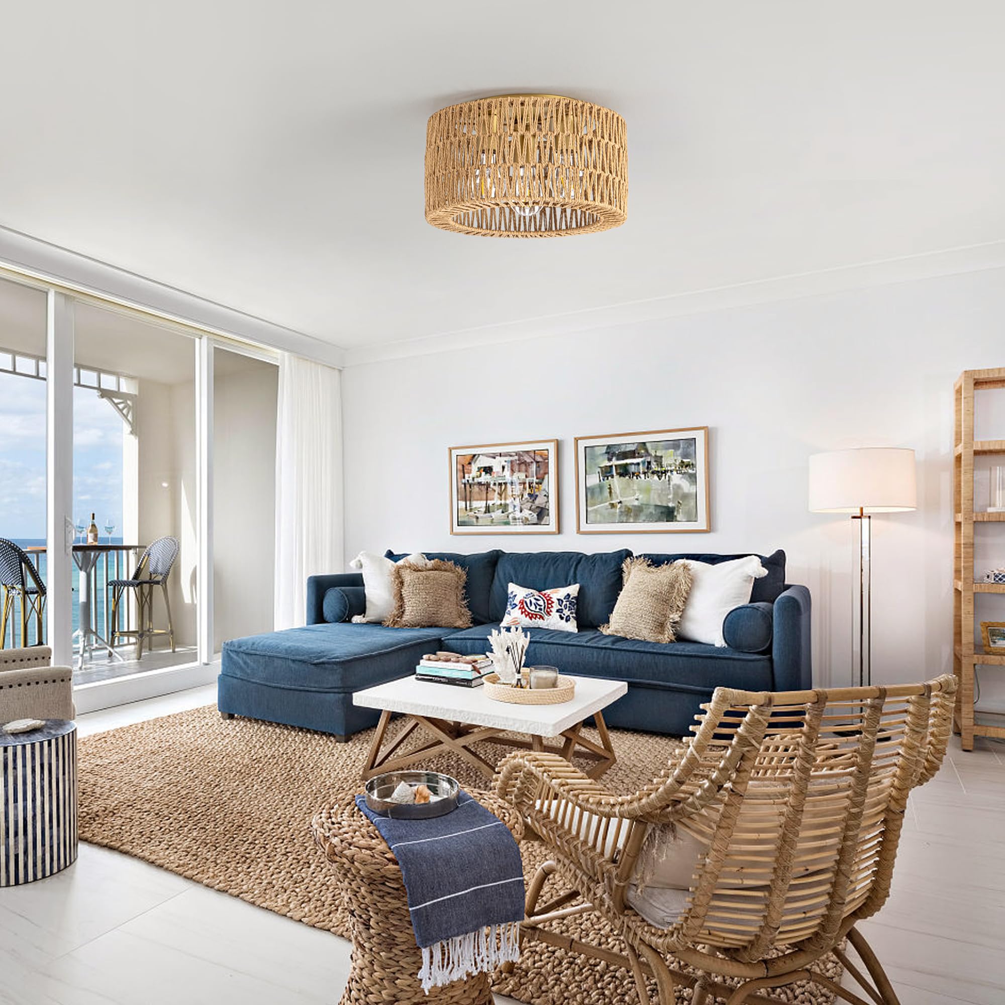 Rattan Ceiling Light Fixture, 3 Light Bohemian Modern Woven Ceiling Light, Boho Flush Mount Ceiling Light For Bedroom Living Roo