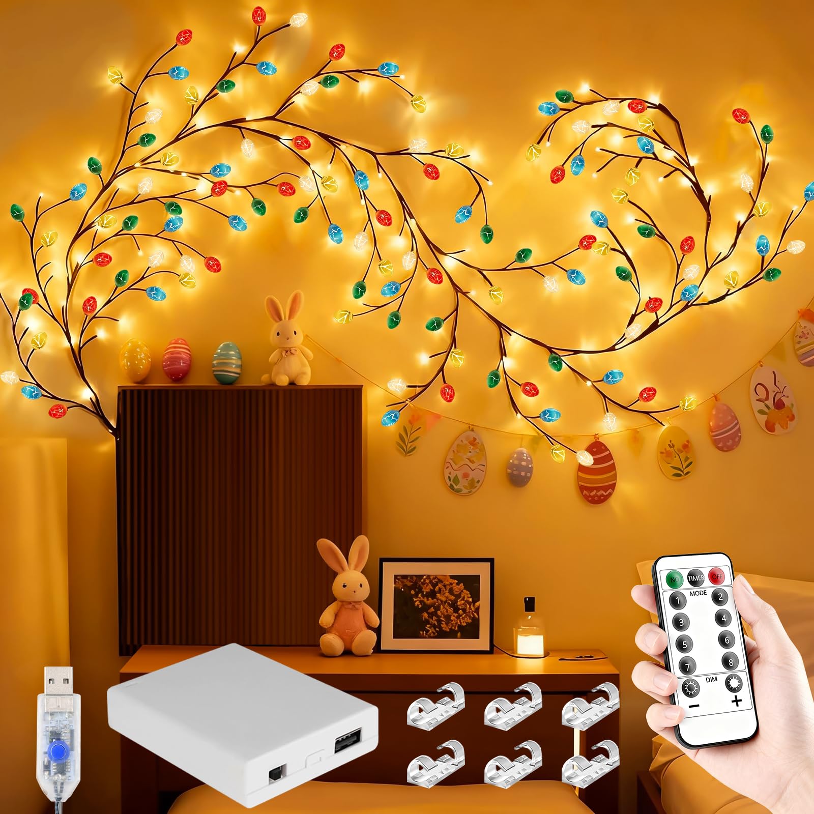FNHMSL Easter Egg Enchanted Willow Vine Lights, 7.55FT 144LED 4 Color Easter Egg Tree Branch Lights for Wall, Remote Timer,8 Lig