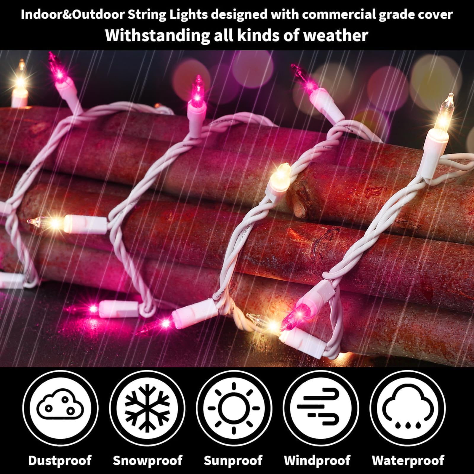 LAMPHOME 100 Mini Pink Clear Christmas String Lights, 20 Ft White Wire, Indoor/Outdoor Fairy Lights for Parties & Decorations