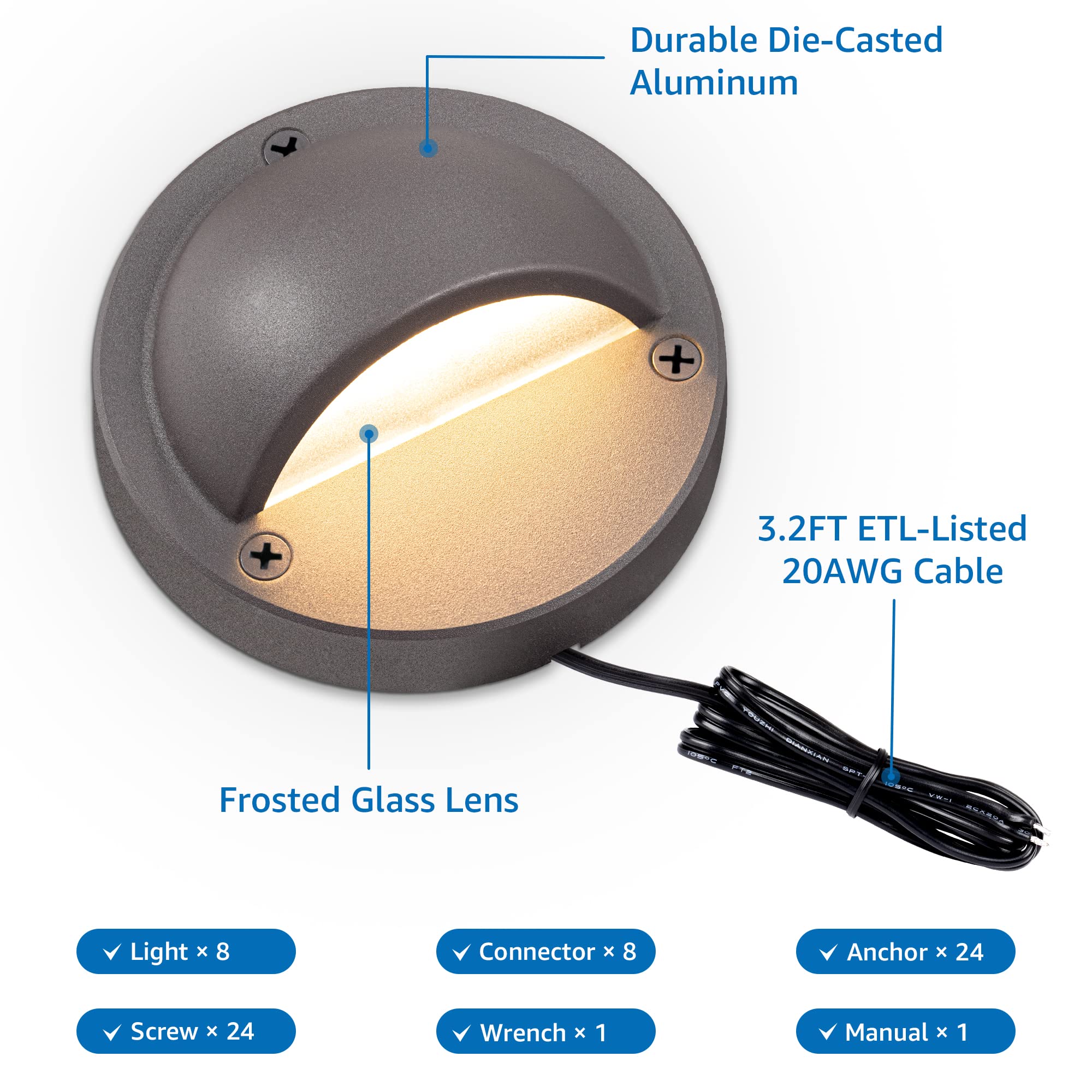 SUNVIE Low Voltage Deck Lights, 5W LED Warm White, 8 Pack, Aluminum, 3000K, 12-24V AC/DC, ETL Listed, Model 603