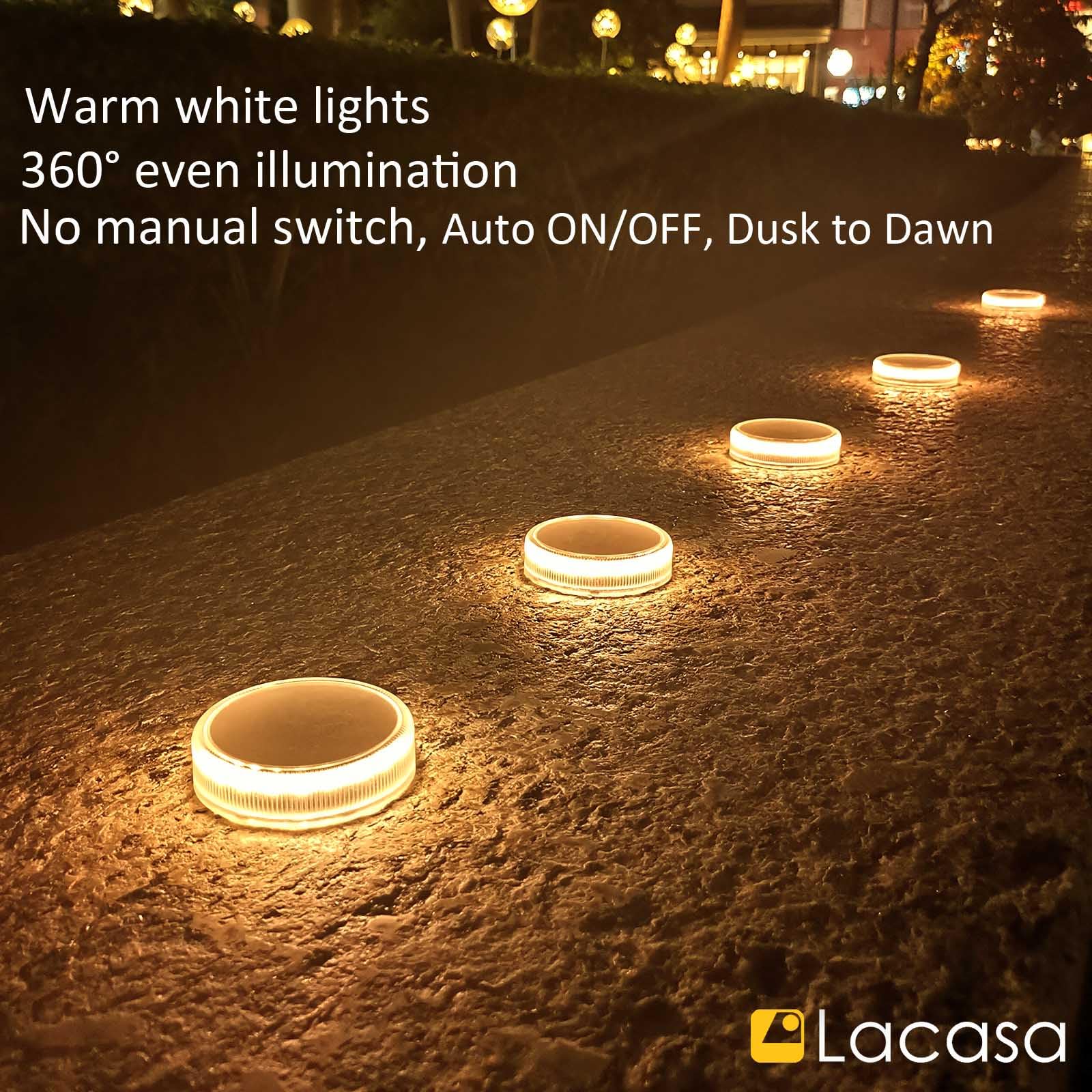 Lacasa Solar Deck Lights 4-Pack Waterproof LED, Round, Warm White, Model LJT-C8-4WW