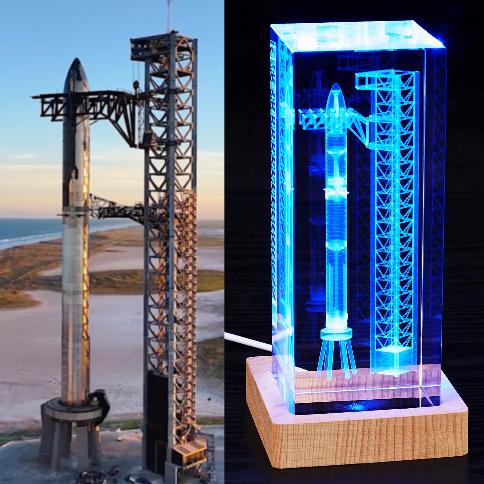 EMGTMS Y&Z SpaceX Starship Crystal Lamp, 3D Laser-Etched Night Light, Large, Multicolor, Model A12-1