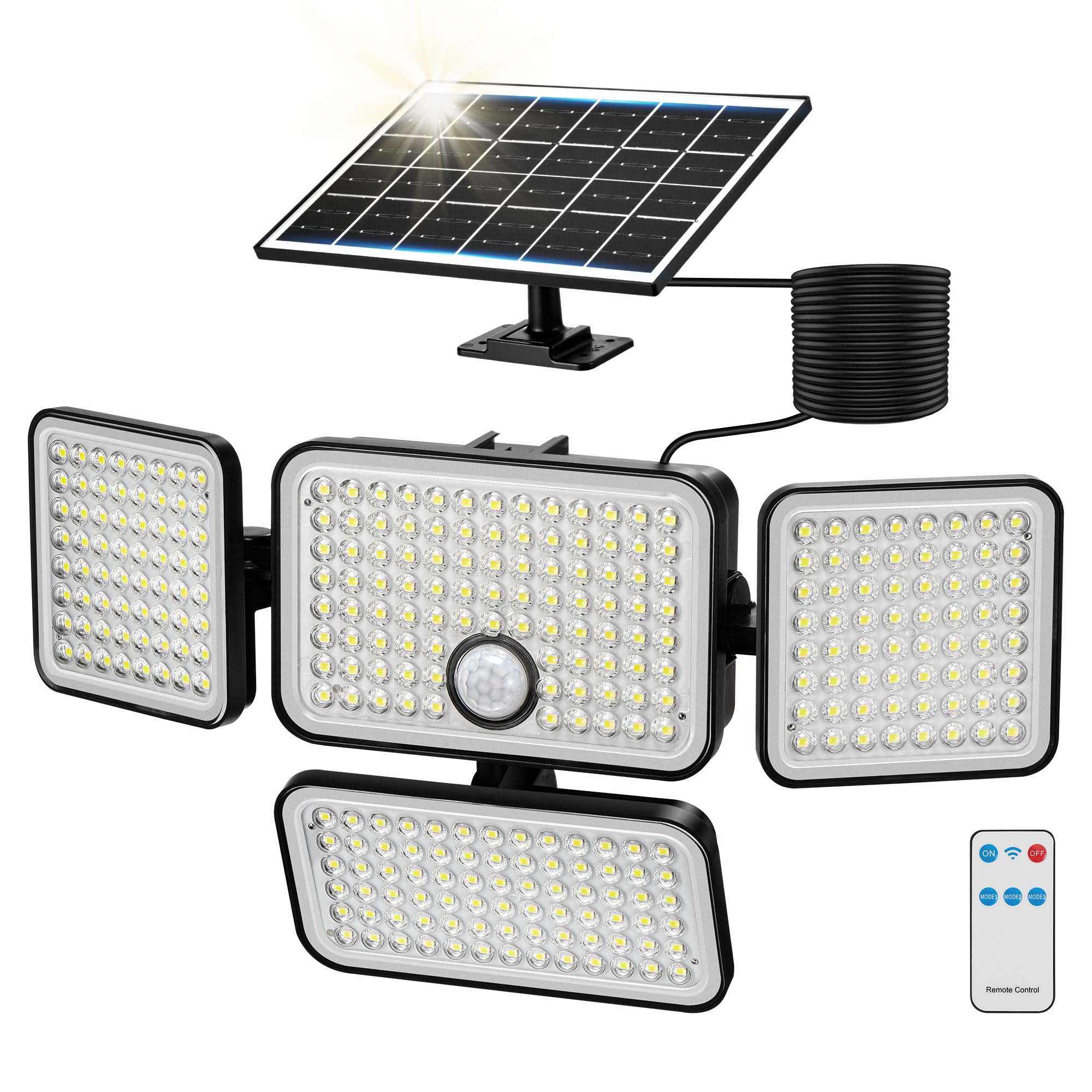 LUMLLSAJI Solar Flood Lights 3000 Lumen Motion Sensor 4 Heads IP65 Waterproof 1 Pack with 20 Ft Cord