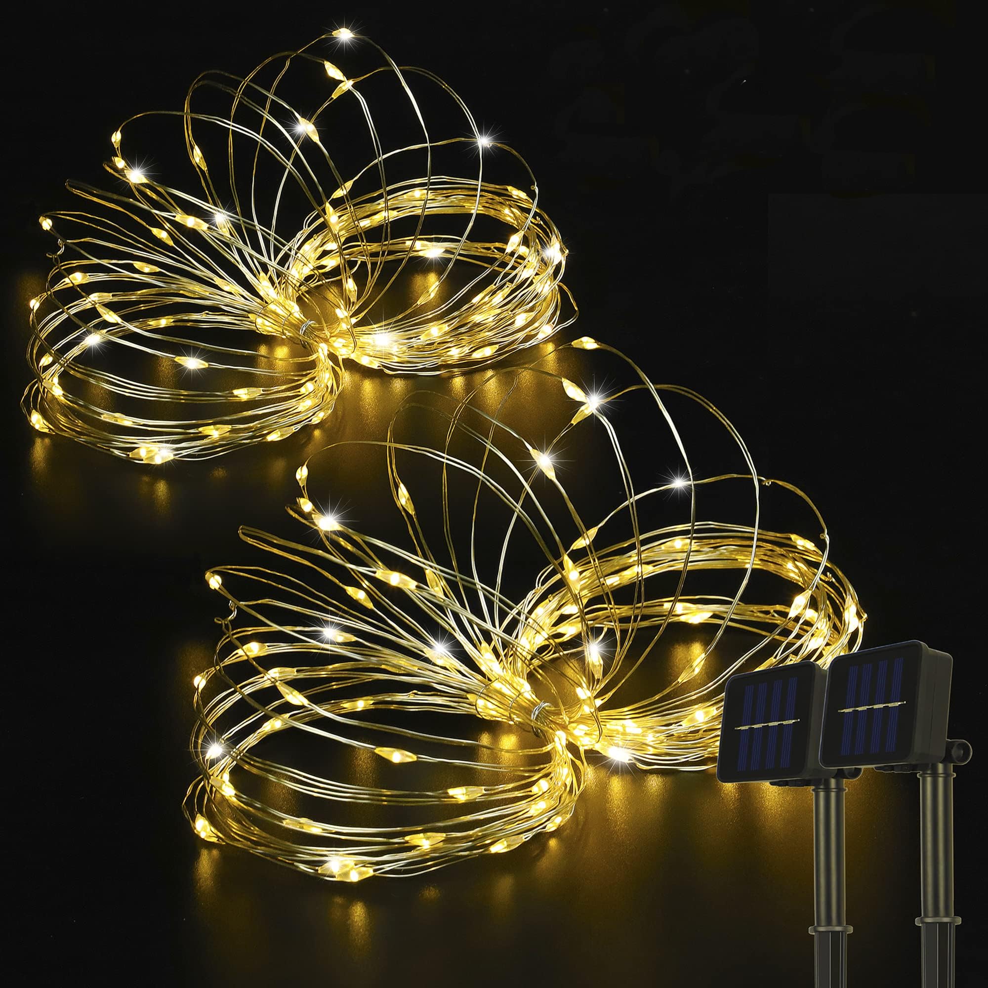 BEEWIN 2 Pack 33ft 100 LED Solar Copper String Lights, Waterproof IP65, 8 Modes, Warm White