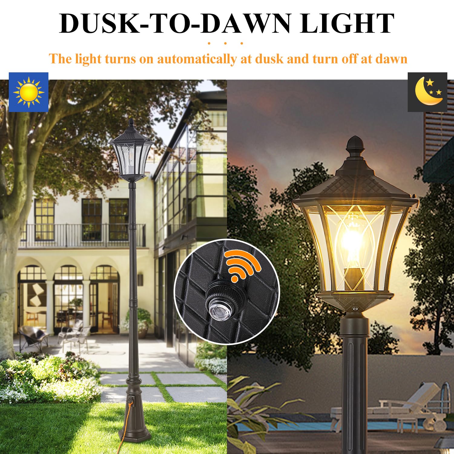 SCNYCUL Outdoor Lamp Post with Outlet, Dusk to Dawn, Aluminum Waterproof, Black, Model H076