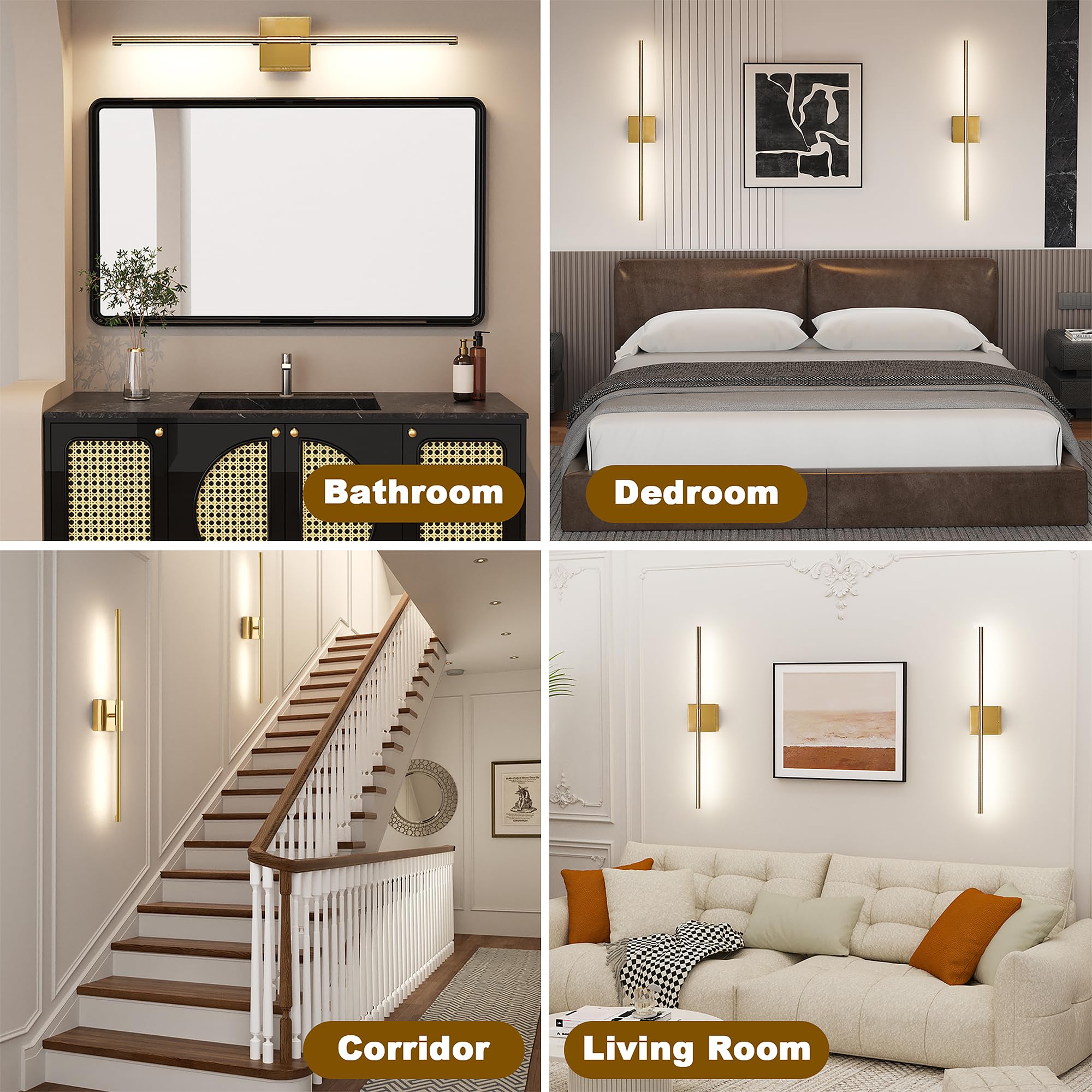 Gift4U Battery Operated Wall Sconce Set of Two, 31.5 Inch, 8000mAh USB Rechargeable, 360° Dimmable LED, Gold