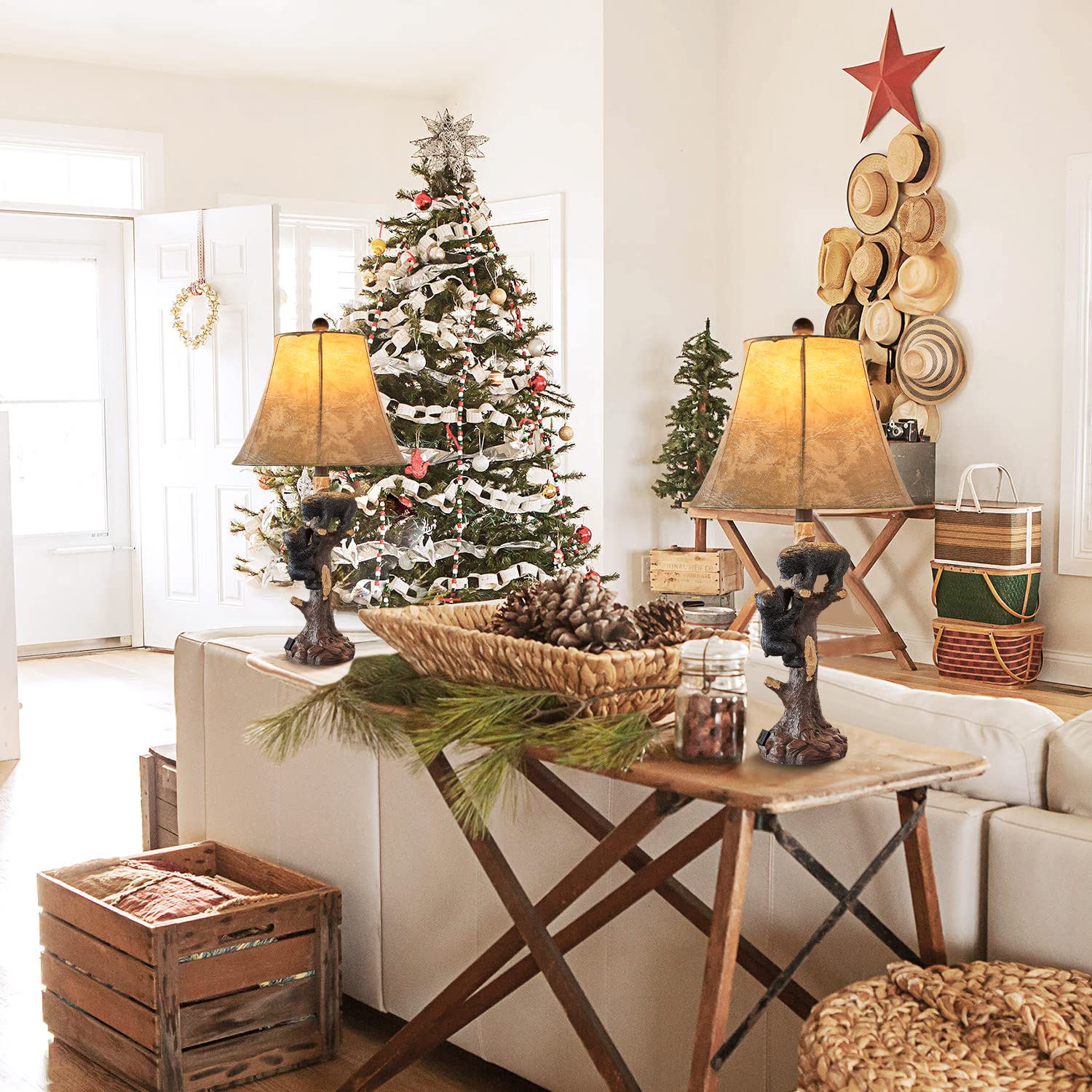 LOKHOM 26 Rustic Climbing Bears Table Lamp Set of 2 with USB & Type-C Charging Port, Brown - Perfect for Bedroom, Living Room, Office