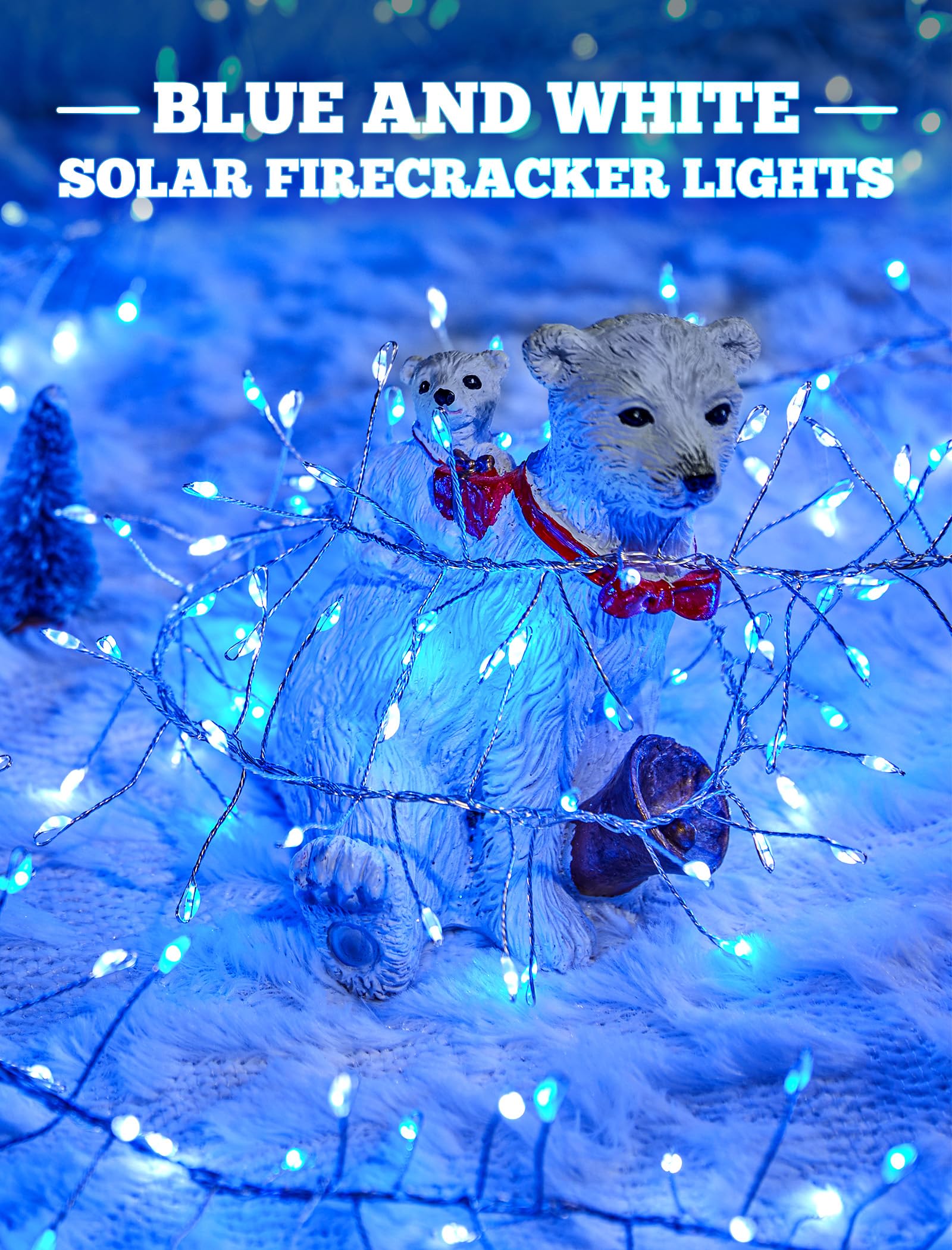 Minetom Solar String Lights, 240 LED, 19.6Ft, Blue and White, 8 Modes, Fire er Design for Outdoor Decor, Model MT-19.6-240D