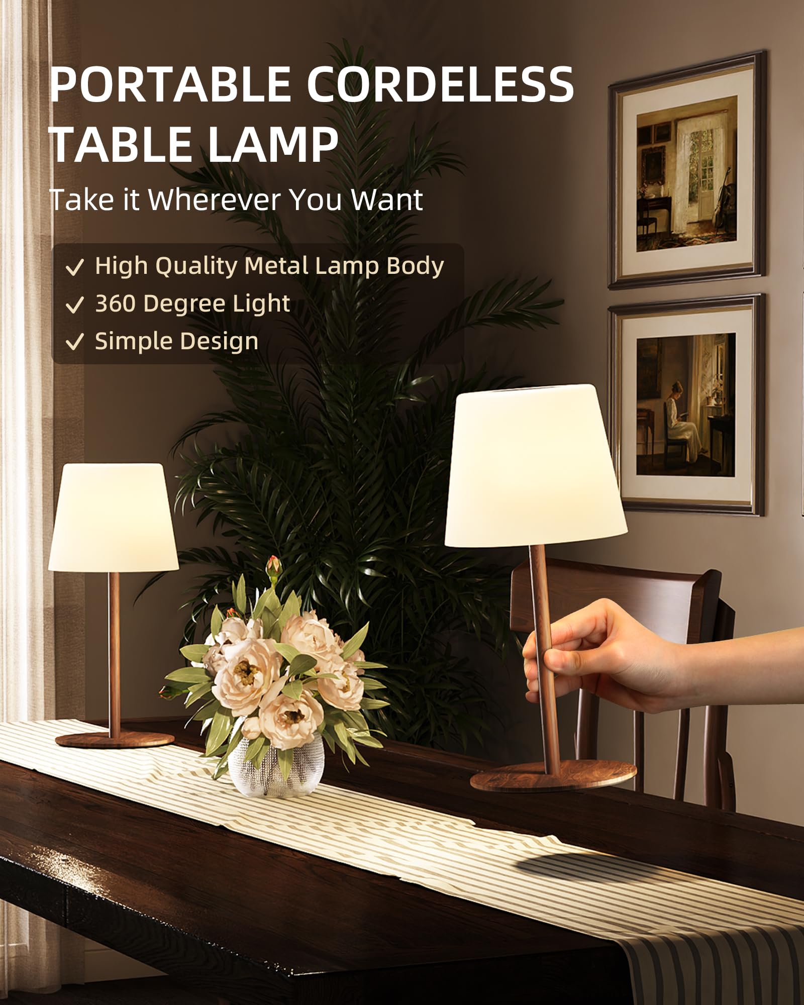 EZVALO Cordless Table Lamp - IP65 Waterproof, 2 Pack, Rechargeable with 4500mAh Battery, Dimmable LED Night Light in Wood Grain