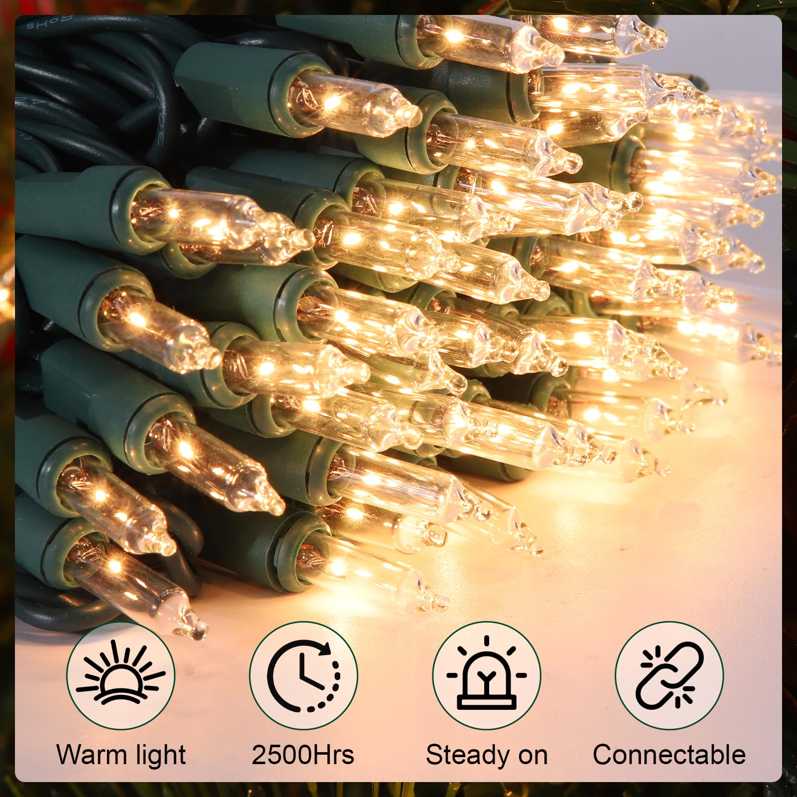 Meteds Christmas Lights 100 Count Warm White Mini String Lights Green Wire UL Certified, Connectable, 2 PCS