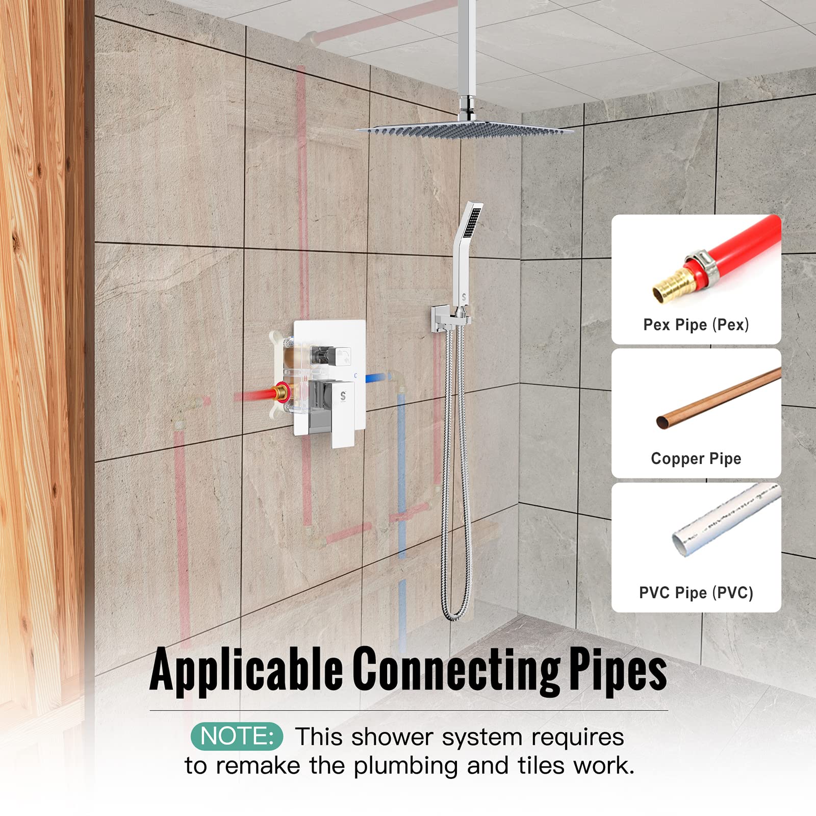 Sr Sun Rise Srsh-C1003 Ceiling Mount Bathroom Luxury Rain Mixer Shower Combo Set Rainfall Shower Head System 10 Inch Polished Ch