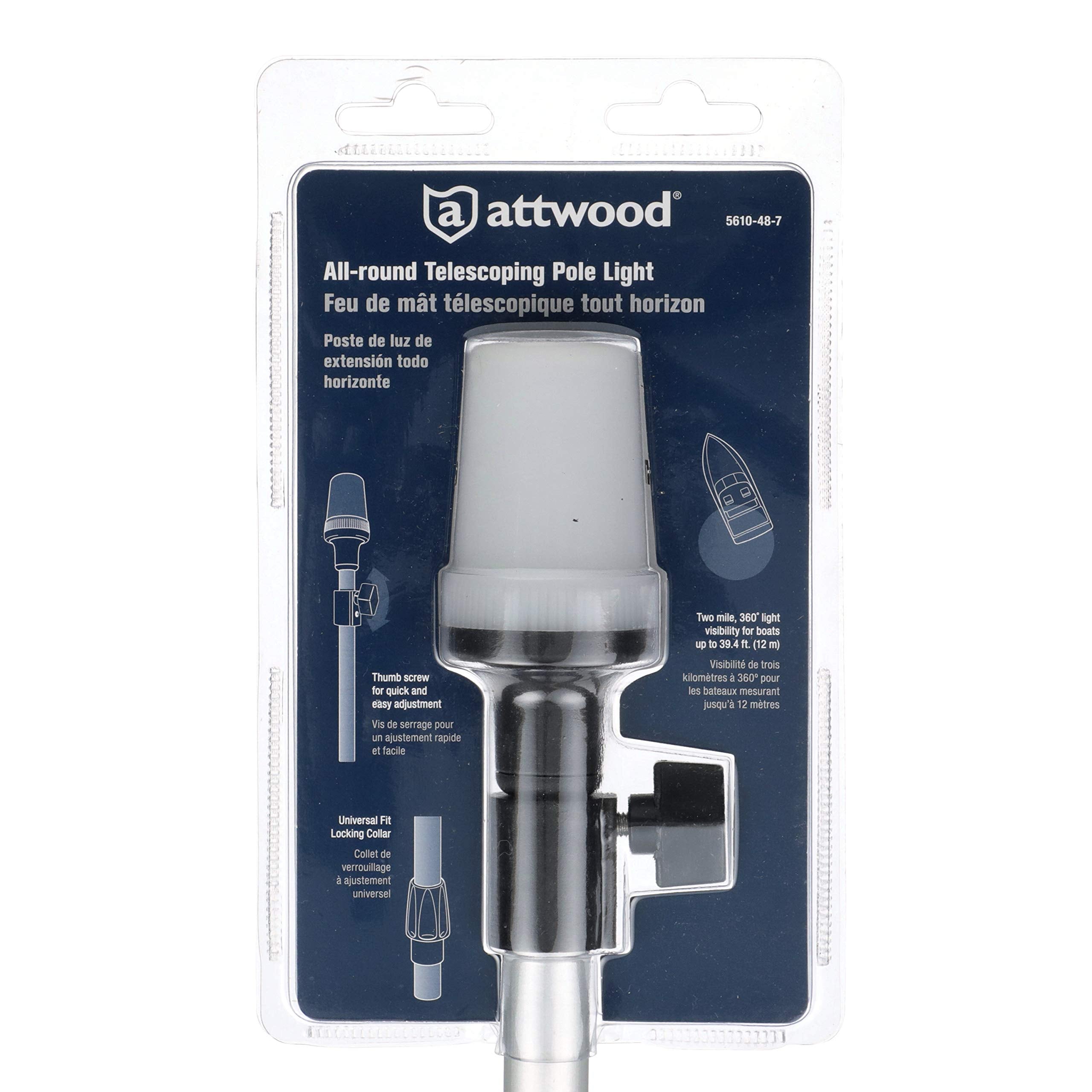Attwood 5610-48-7 Telescoping Pole Light  All-Around Light  Height-Adjustable 26-42 Inches  2 Mile 360-Degree Visibility  One Size