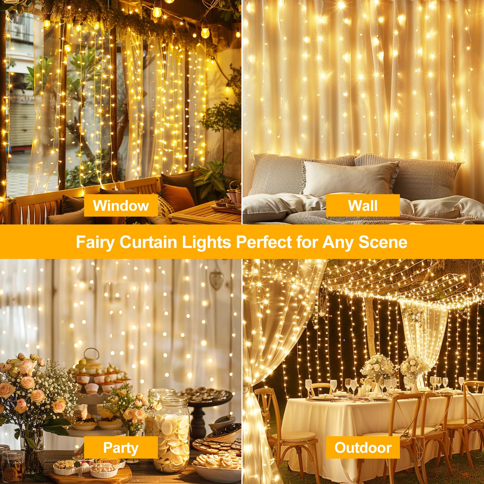 Holits 2 Pack Fairy Curtain Lights Upgraded 100% Tangle-Free Warm White Usb Plug In 8 Modes String Hanging Lights With Remote For Christmas, Bedroom, Indoor, Outdoor, Weddings, Party (6.6Ftx6.6Ft)
