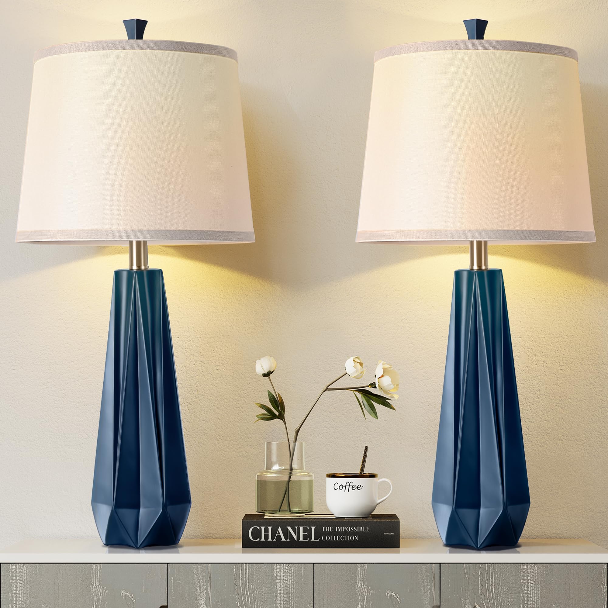 WIHTU 3 Color Temperature Table Lamps Set of 2, 27'' Navy Blue Modern Table Lamp for Living Room, Beside Lamp with Linen Shade, 