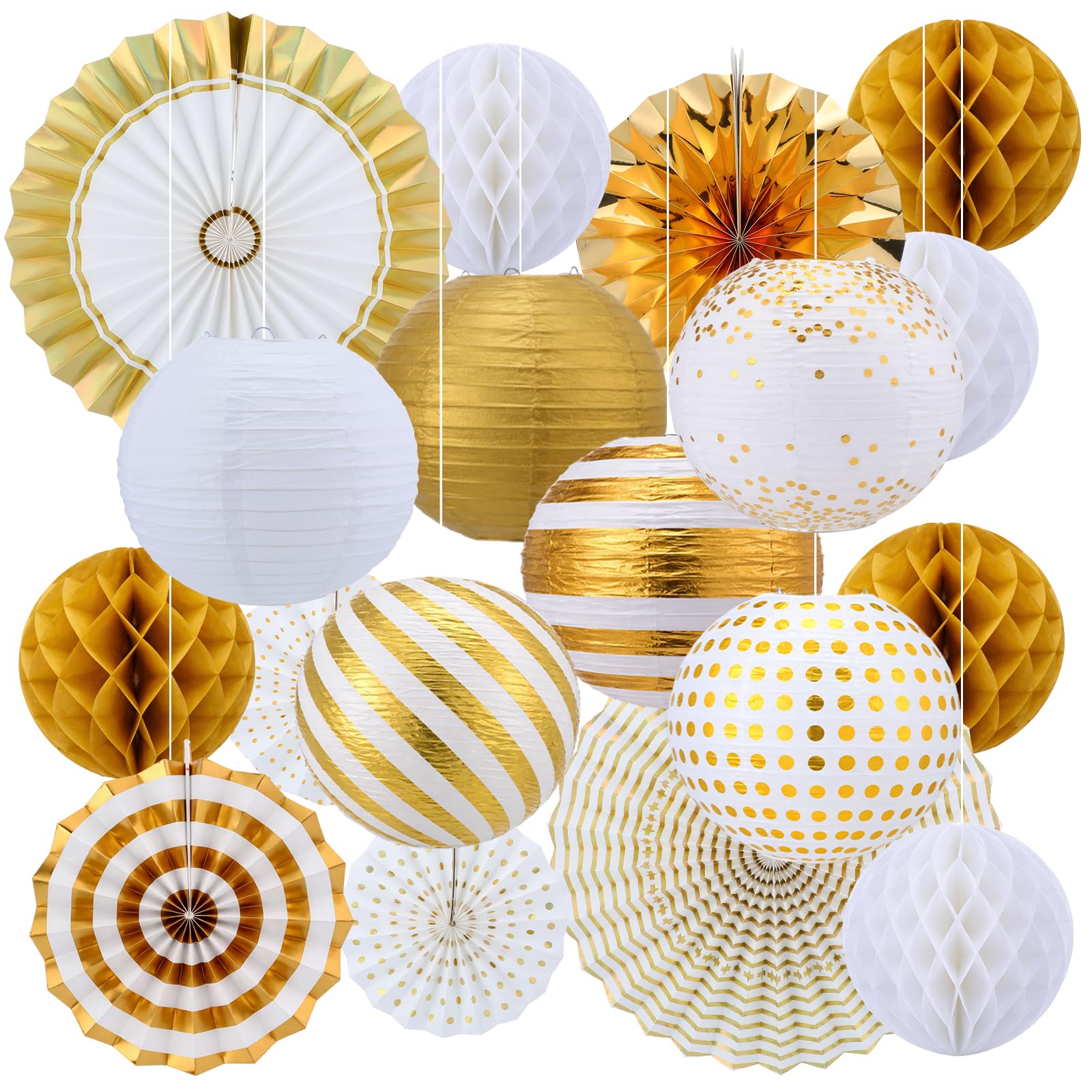 Retisee 18 Pcs Metallic Gold Party Decorations Kit Hanging Metallic Gold Paper Lanterns Paper Fans Honeycomb Balls for Birthday 