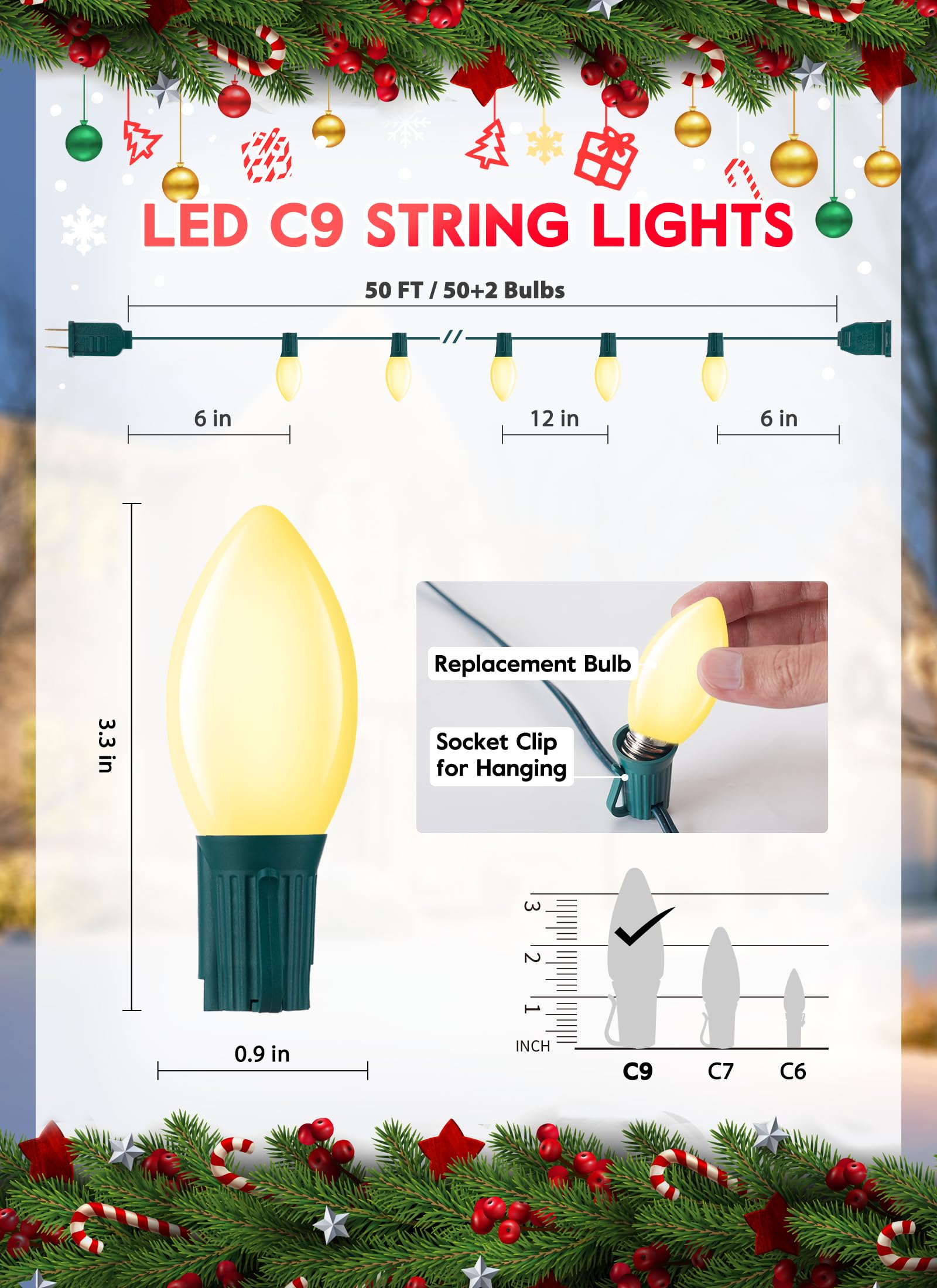 Vintage C9 Led Christmas Lights Outdoor, 50 Feet C9 String With 50 Shatterproof Matte Bulbs, Connectable Waterproof Tree Lights