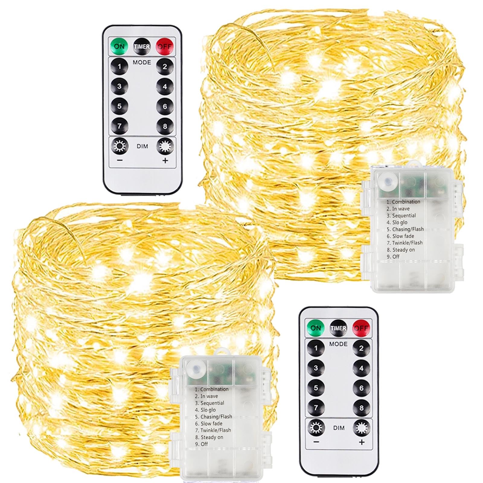 2 Pack Each 66Ft 200LED Battery Operated Fairy Lights with Remote  Waterproof Battery Christmas Twinkle Lights with Timer  String Light for Bedroom Christmas Decorations (Warm White)