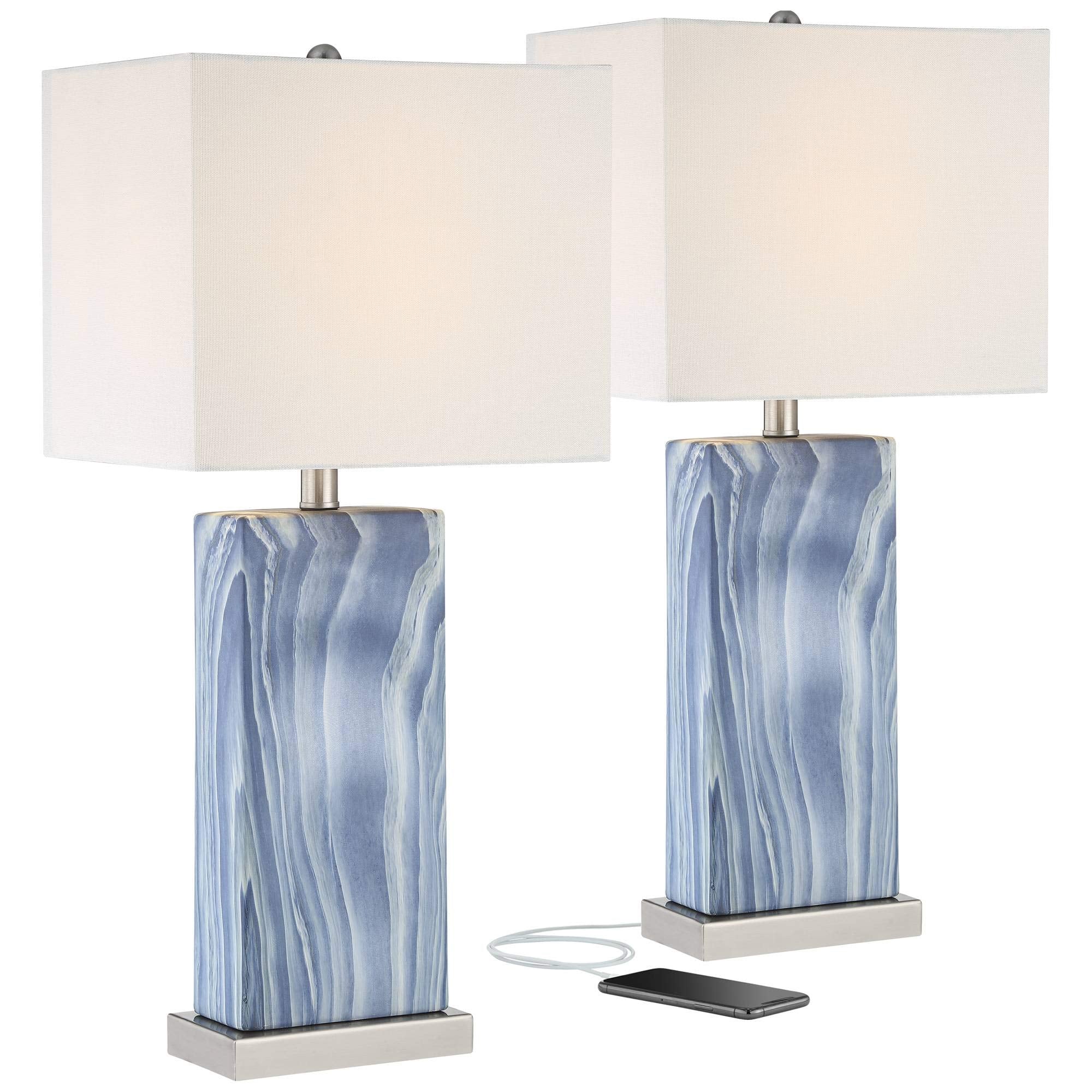 360 Lighting Connie Modern Table Lamps 25'' Tall Set Of 2 With Usb Charging Ports Dimmers Blue Faux Marble White Rectangular Sha