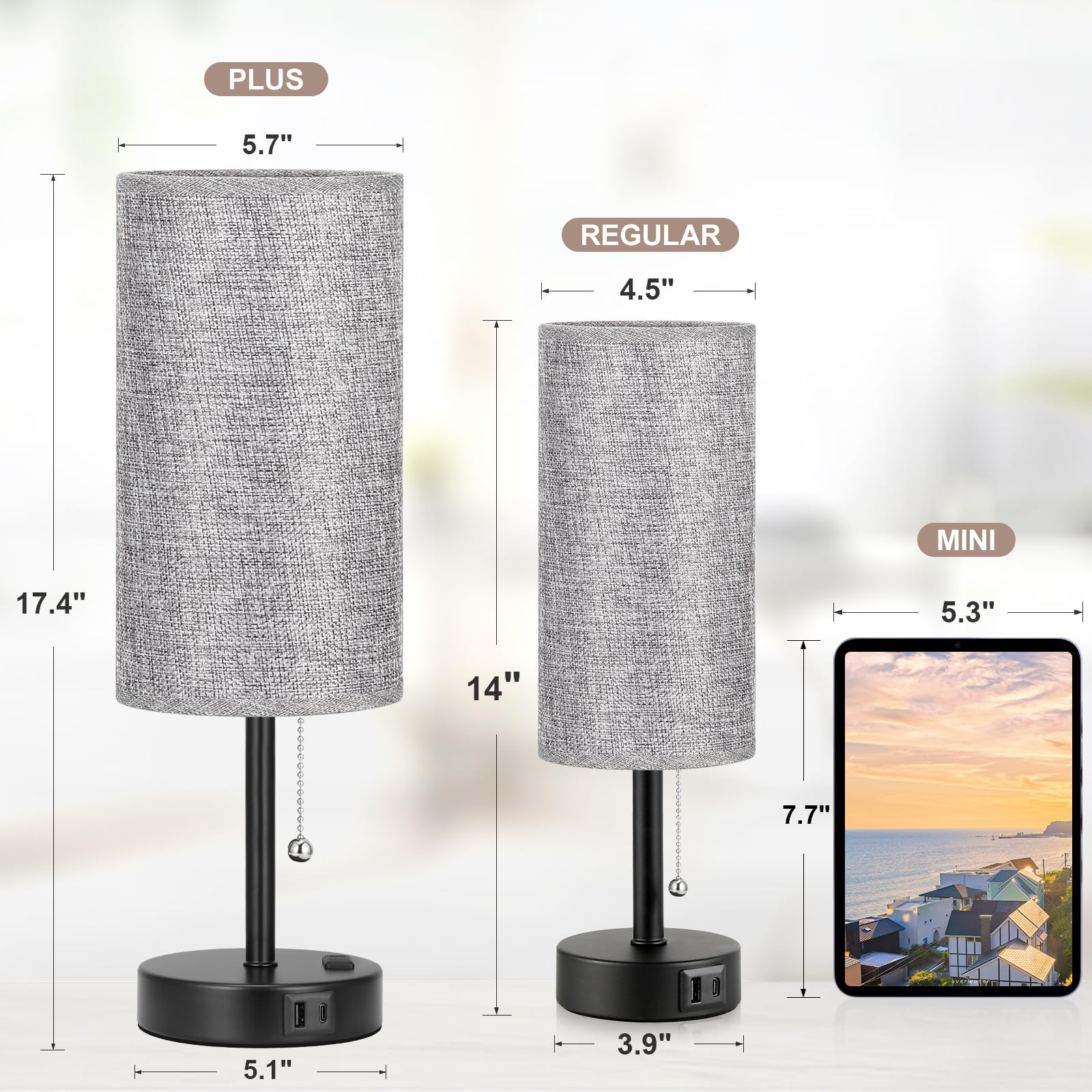 Tall Grey Bedside Lamp For Bedroom Set Of 2- 17.4Inch Grey Table Lamp With Usb A + C Charging Port, 3 Color Temperatures Pull Ch