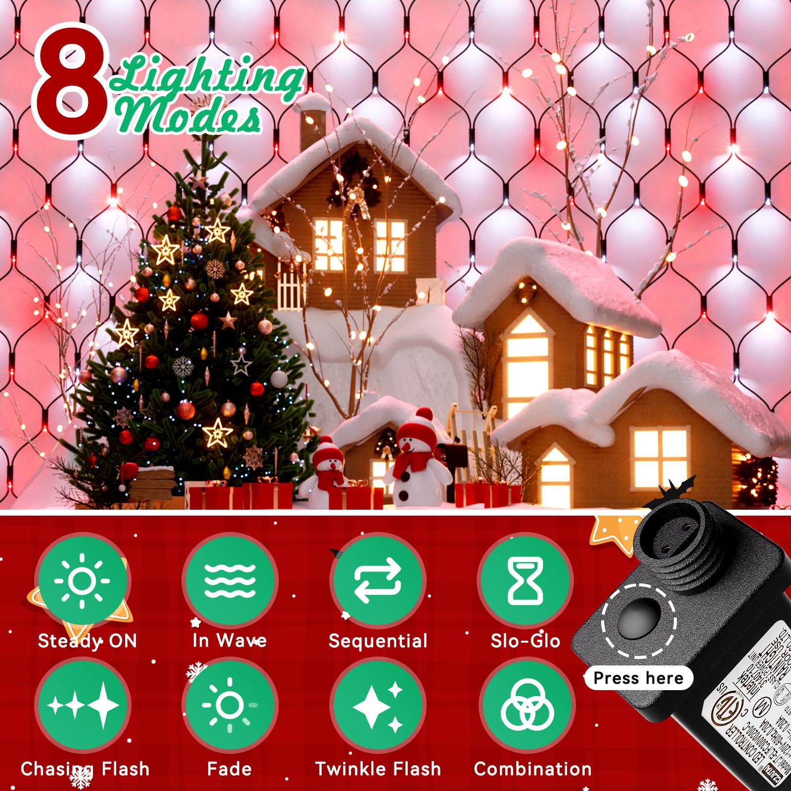 LitHome Christmas Net Lights - 300 LED Red & White, 14.8FT x 5FT, Waterproof, Connectable, Model B-RG-S-AA-04