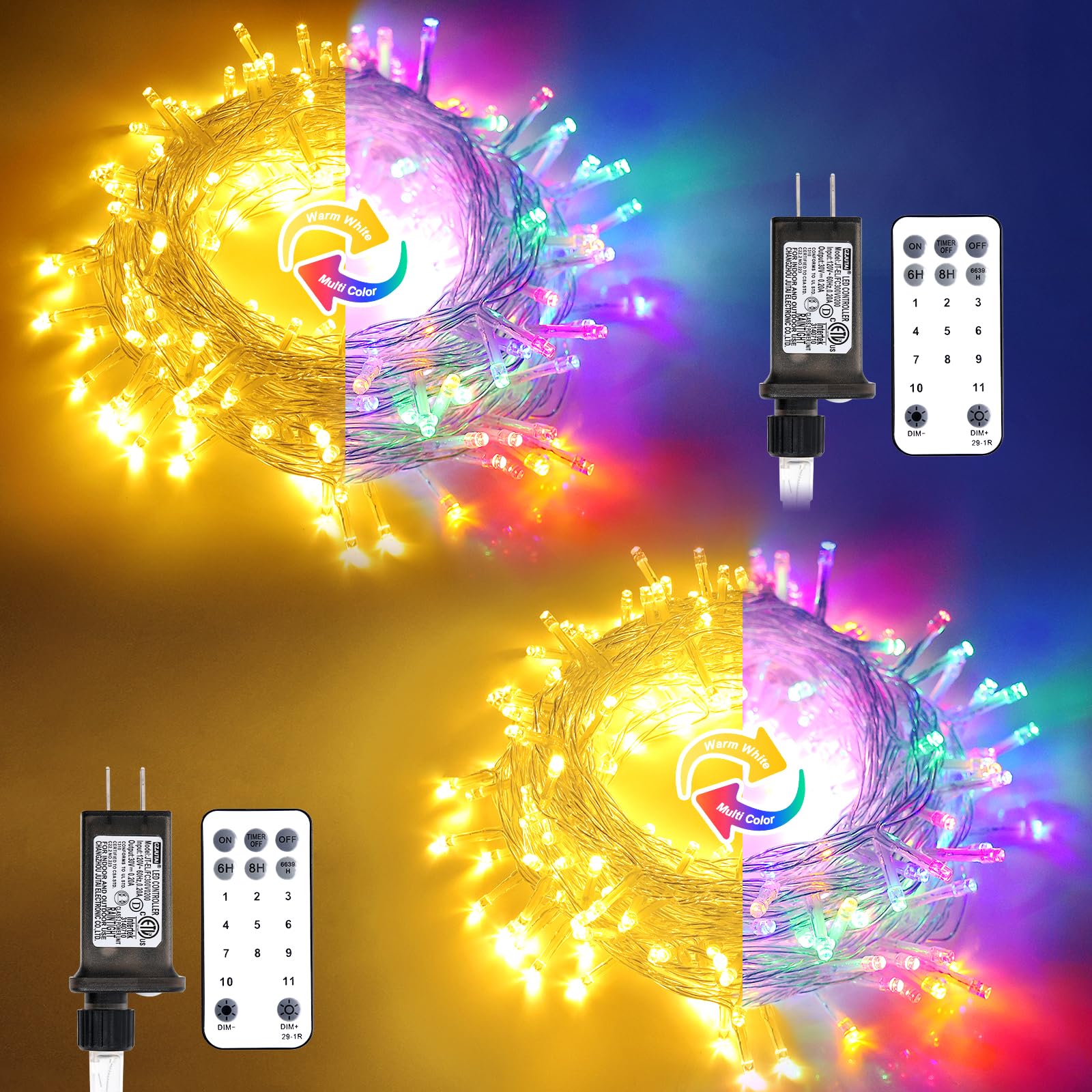 JMEXSUSS 2 Pack 100 LED Color Changing Christmas Lights, Connectable Warm White & Multicolor Christmas Lights Outdoor Waterproof