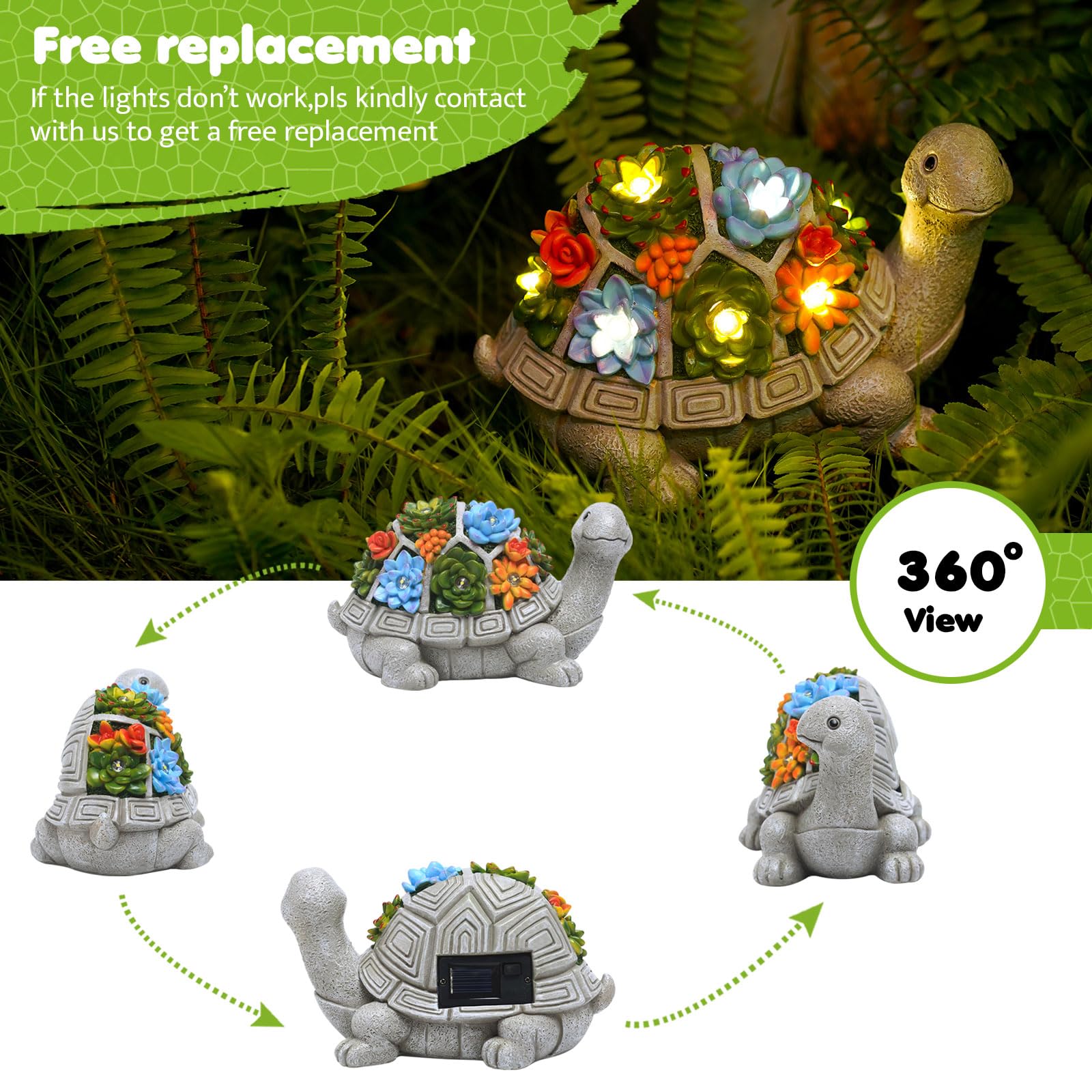 Tiejiajiang Solar Garden Turtle Statue With 7 Led Lights - Gray Turtle Outdoor Decor For Yard